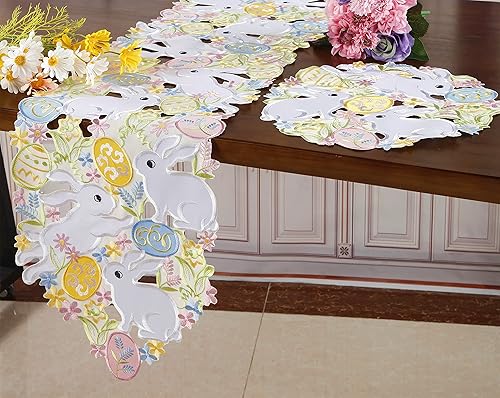 Miniatura 3 de Camino de mesa de Pascua con diseño de conejitos de primavera huevos flores bordado floral y conejos huevos tocador bufanda decoración de mesa para
