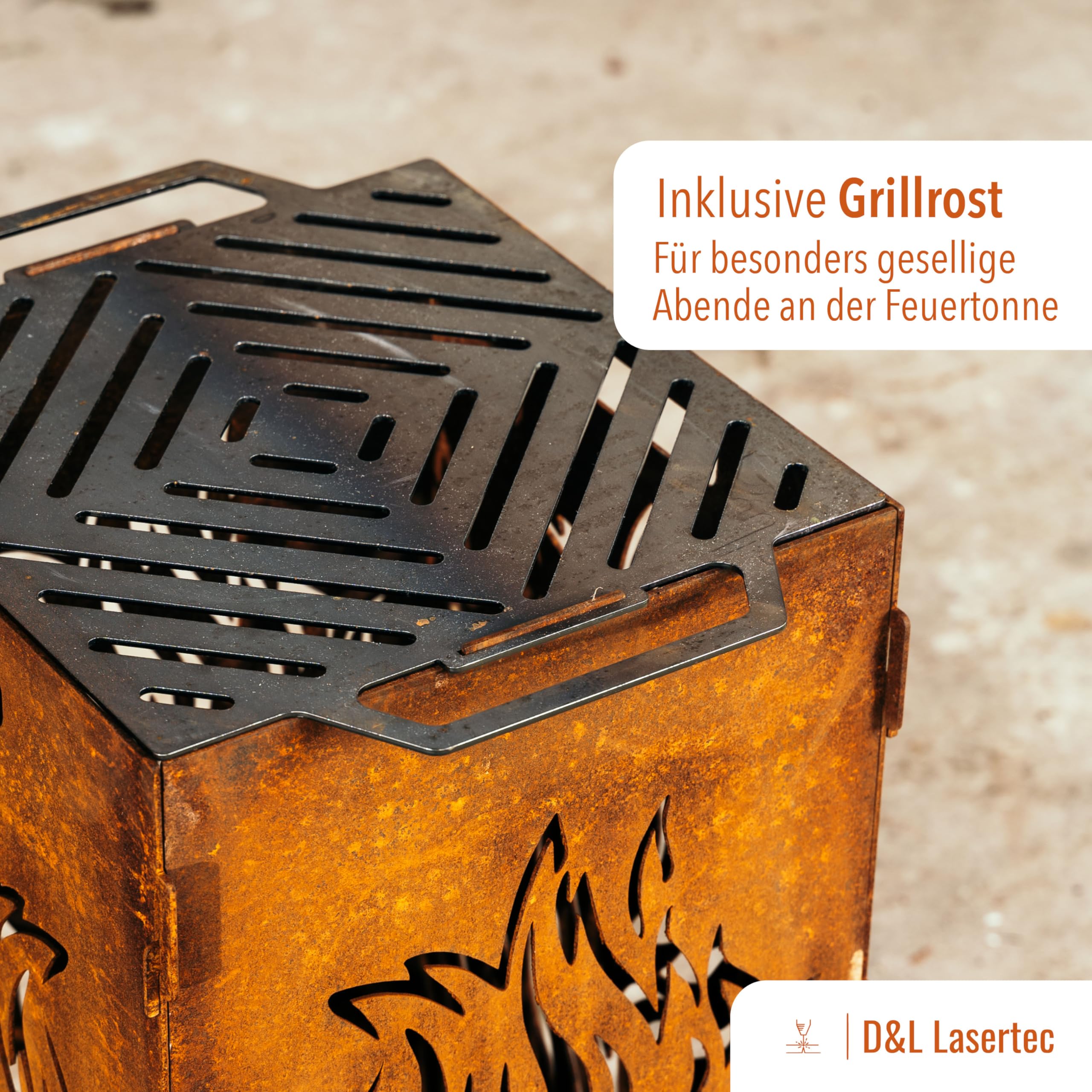 D&L Lasertec Feuertonne aus 3mm Stahl mit Flammenmuster, inklusive Grillrost, Edelrostdeko für den Garten, Grillschale