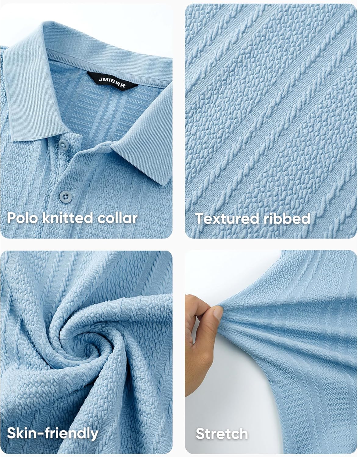 JMIERR Mens Polo Shirt Textured Short Sleeve Summer Button Collar Knitted Golf Polos - Image 7