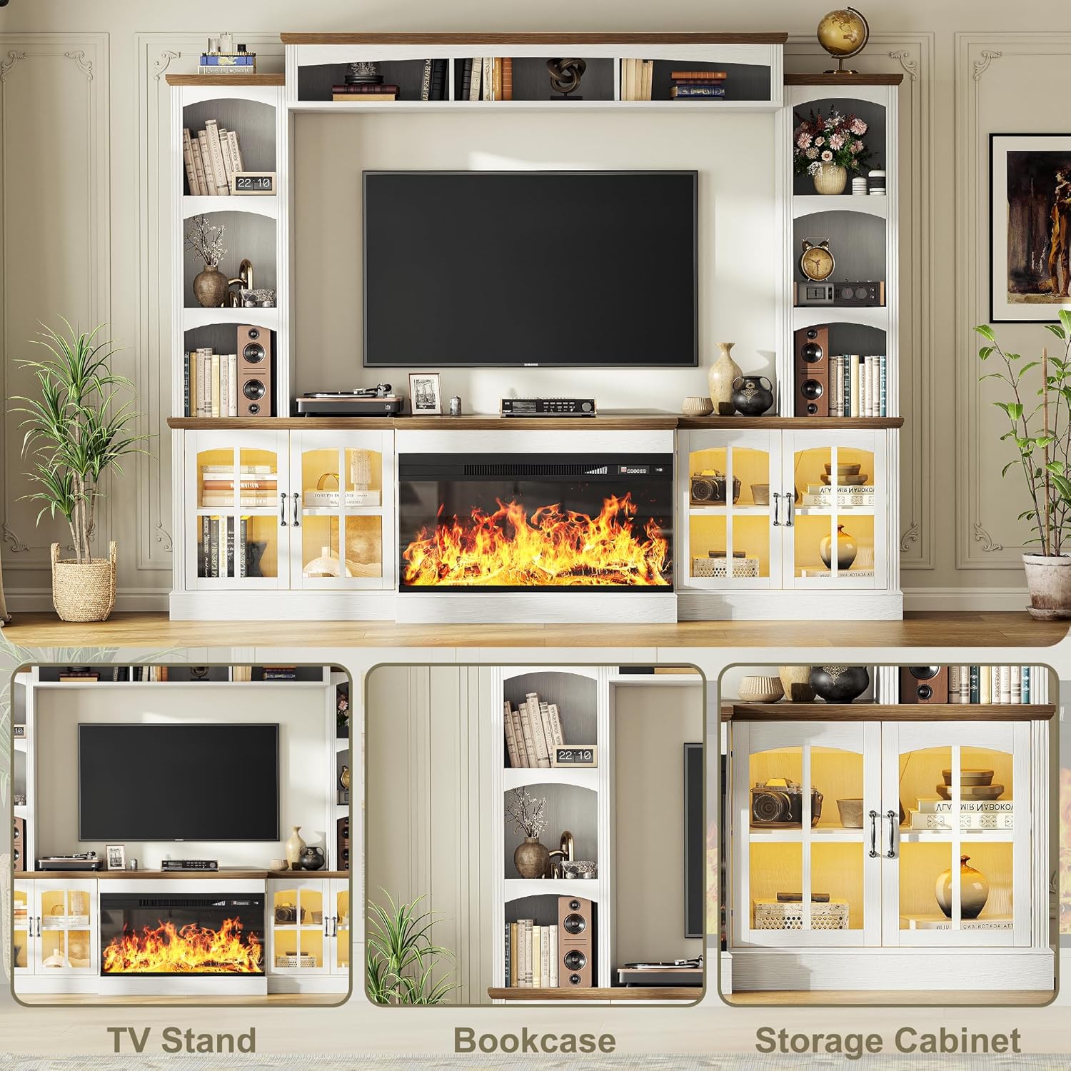 98" Farmhouse TV Stand with 36" Electric Fireplace, Bookshelves, Fits 75" TVs, Entertainment Center with Storage Cabinet, Large Wall Unit Media Console for Living Room, White
