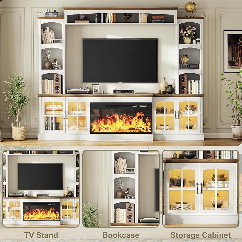 98" Farmhouse TV Stand with 36" Electric Fireplace, Bookshelves, Fits 75" TVs, Entertainment Center with Storage Cabinet, Large Wall Unit Media Console for Living Room, White image 6