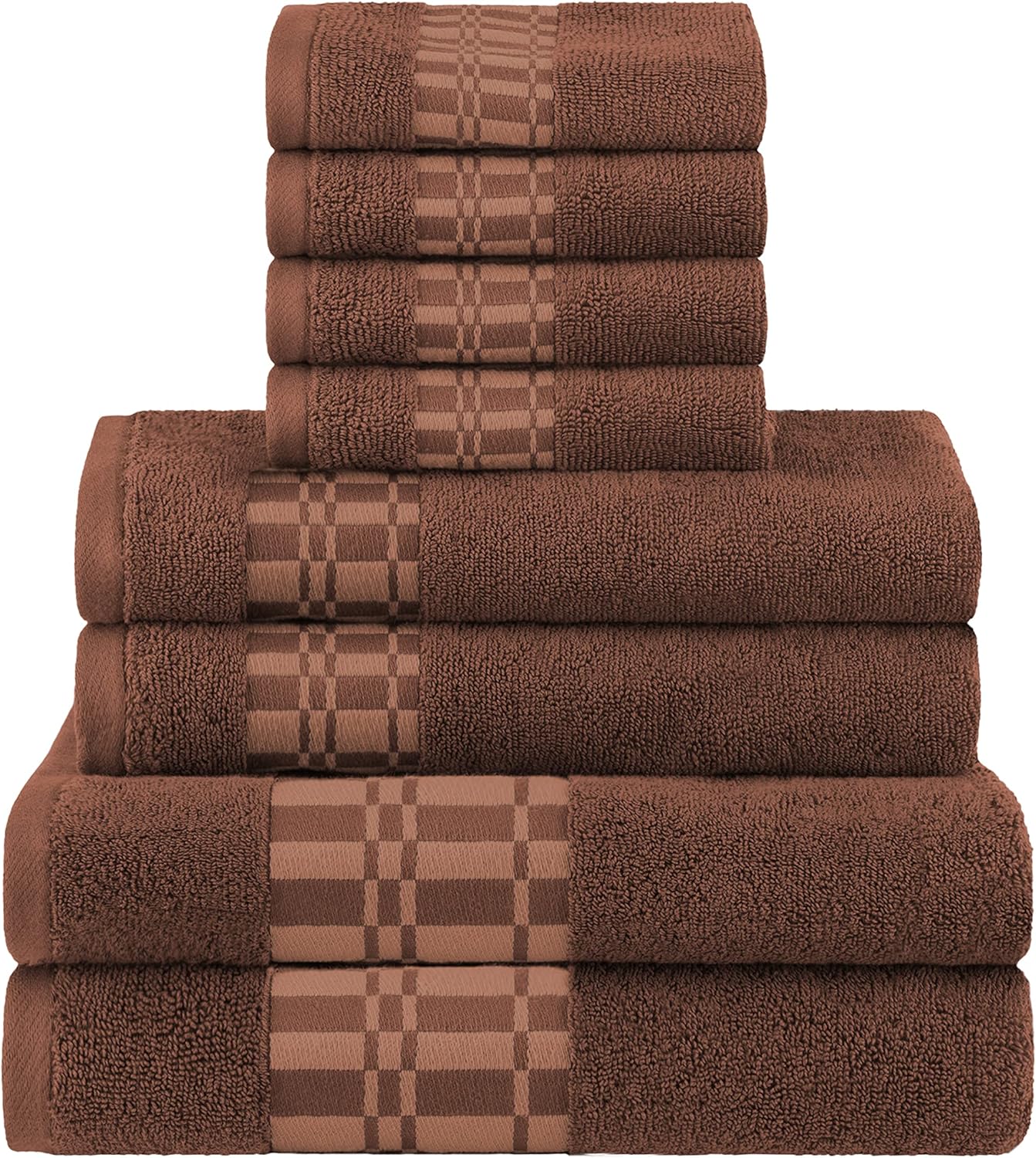 Superior 8-Piece Cotton Towel Set, Geometric Design, Dobby Border, Plush Quick Dry Towels, Decorative Bathroom, Spa, Includes 2 Bath, 2 Hand, 4 Face Towels/Washcloth, Larissa Collection, Chocolate