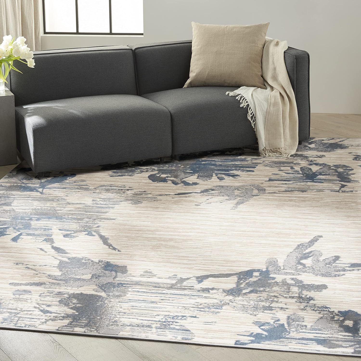 Calvin Klein Enchanting Grey/Sky 3'2" x 5' Area Rug, Transitional, Floral, Easy Cleaning, Non Shedding, Bed Room, Living Room, Dining Room, Kitchen (3' x 5')