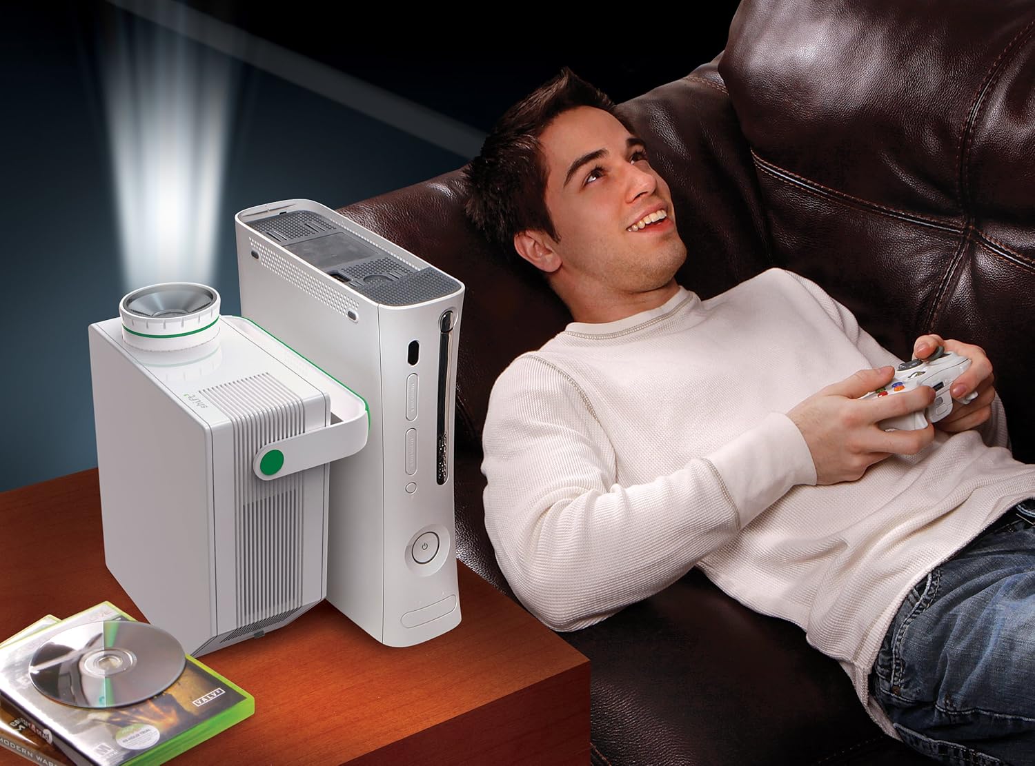 Person playing video games with Shift3 projector and console