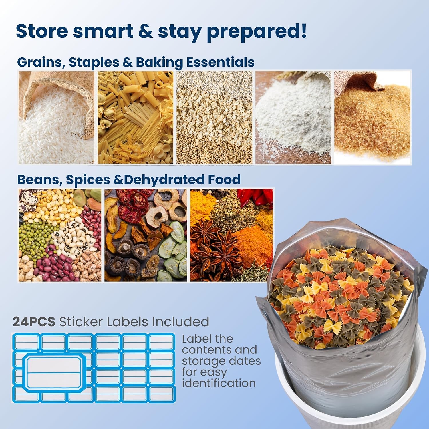 5 Gallon Mylar Bags For Food Storage with Zipper - 20pcs 14Mil Extra Thick For Long Term Storing, Dry Aging & Heat Vacuum Seal, 17x26" Large Resealable Myler Bag, 2000cc Oxygen Absorbers & Labels Pack image 5