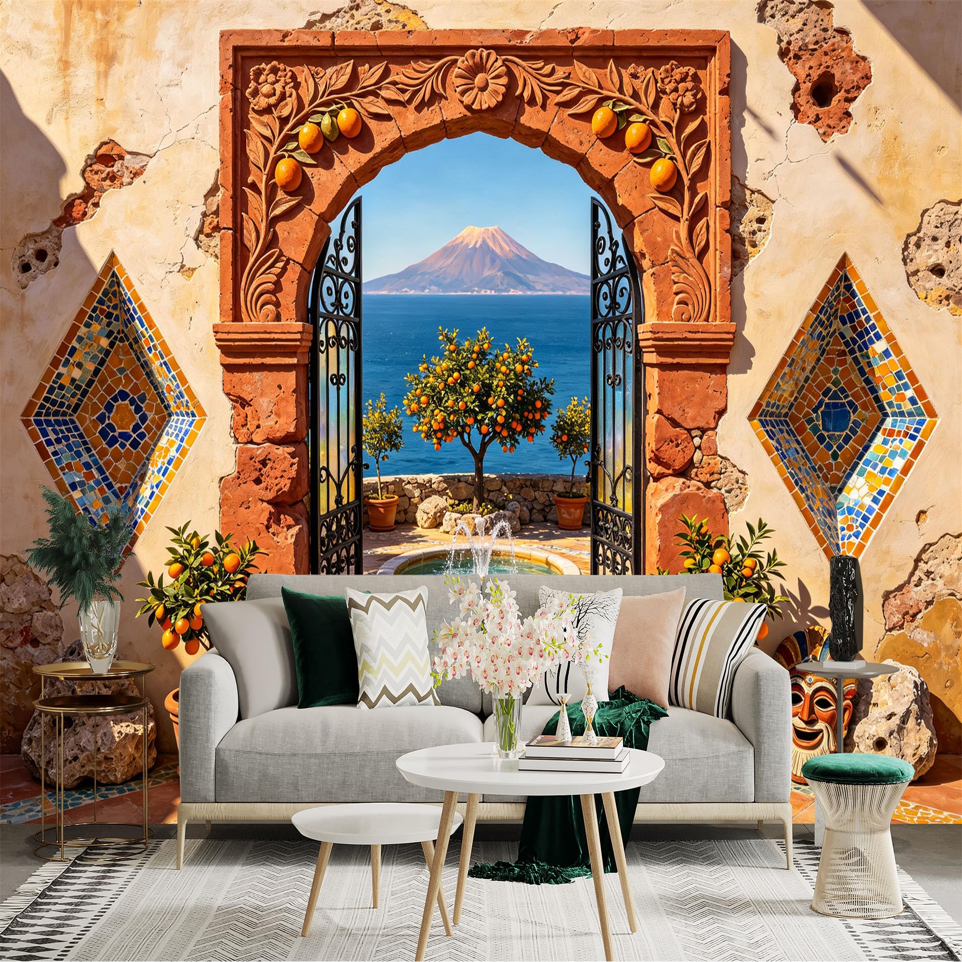Custom Size Wall Sticker Mural， Mediterranean Courtyard Archway， Ocean View， Citrus Trees and Fountain， for wall Decoration， peelandstick wall Decals.