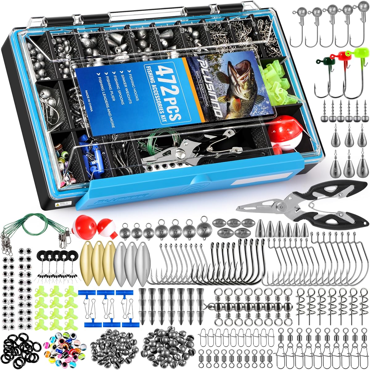Kit de accesorios de pesca de 472 piezas, caja de aparejos impermeable con aparejos incluidos, regalos de pesca para hombres incluidos anzuelos, pesas, alicates, equipo de pesca y equipo para trucha lubina