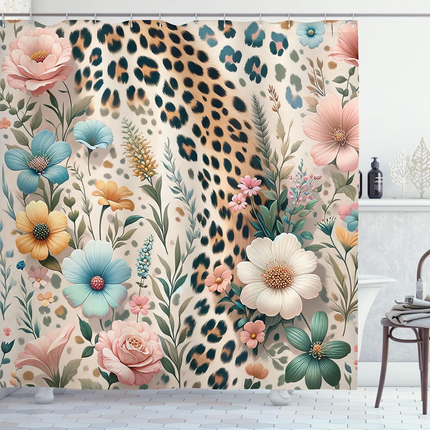 Ambesonne Leopard Print Shower Curtain, Wild Springtime Meadow Blooming Flowers and Animal Skin Details, Cloth Fabric Bathroom Decor Set with Hooks, 69" W x 70" L, Blush Pale Brown Blue