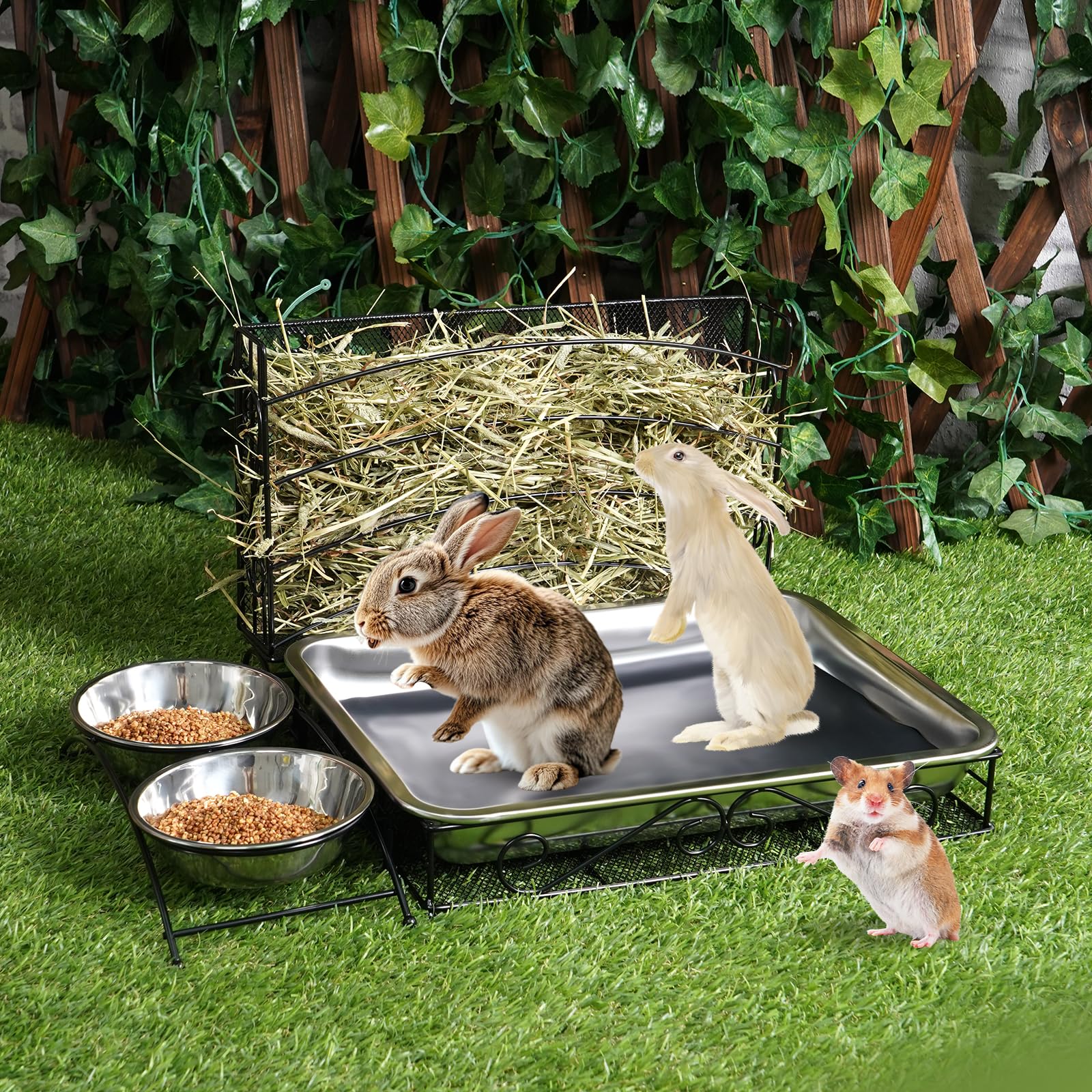 Mangiatoia 3 in 1 per coniglio con lettiera in acciaio inox e 2 ciotole per animali domestici, grattugia, per piccoli animali domestici, conigli, criceti, porcellini d'India
