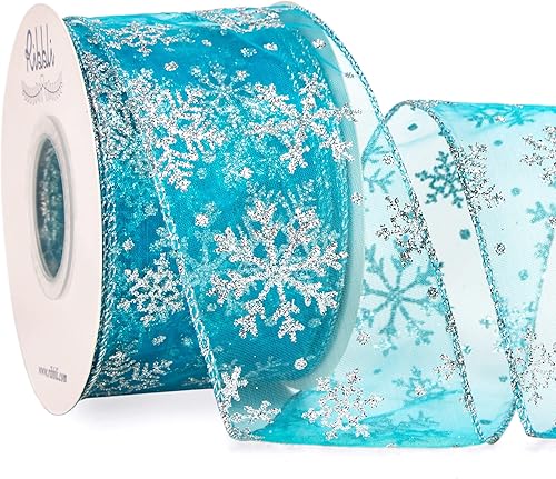 Miniatura 3 de Ribbli Cinta transparente de organza con alambre con purpurina plateada y borde metálico, cinta de Navidad de 2-12 pulgadas x 20 yardas para