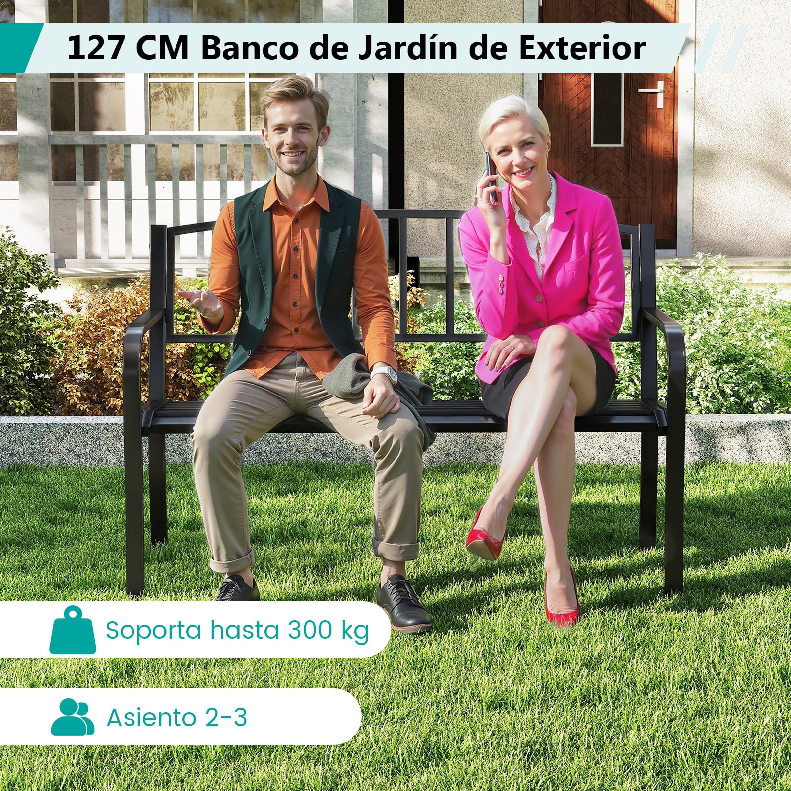 COSTWAY Banco Jardin para 2-3 Plazas, Banco Exterior de Metal, Respaldo de Listones y Reposabrazos Curvos, Terraza Patio Balcon, Carga 300kg, 127 × 59 × 85,5 cm, Negro