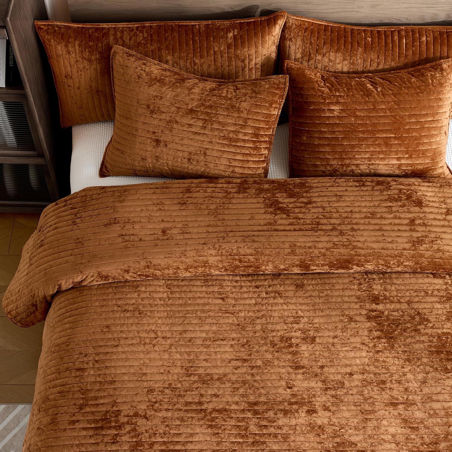 Luxury Velvet Quilt Set Queen Size 3 Pieces,Soft Cozy Oversized Striped Velvet Comforter Set with 2 Pillow Shams,Lightweight Coverlet Bedspread Bedding Set for All Seasons(Burnt Orange,90"x96") - Image 6