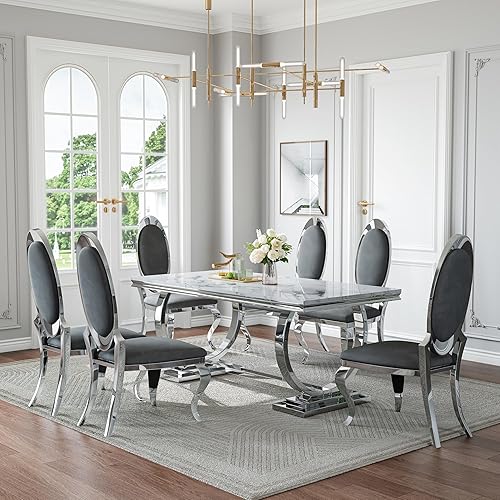 Miniatura 41 de Juego de mesa de comedor de mármol sintético de 70 pulgadas para 6, mesa de cocina grande y sillas de cuero sintético blanco, mesas de comedor Plata