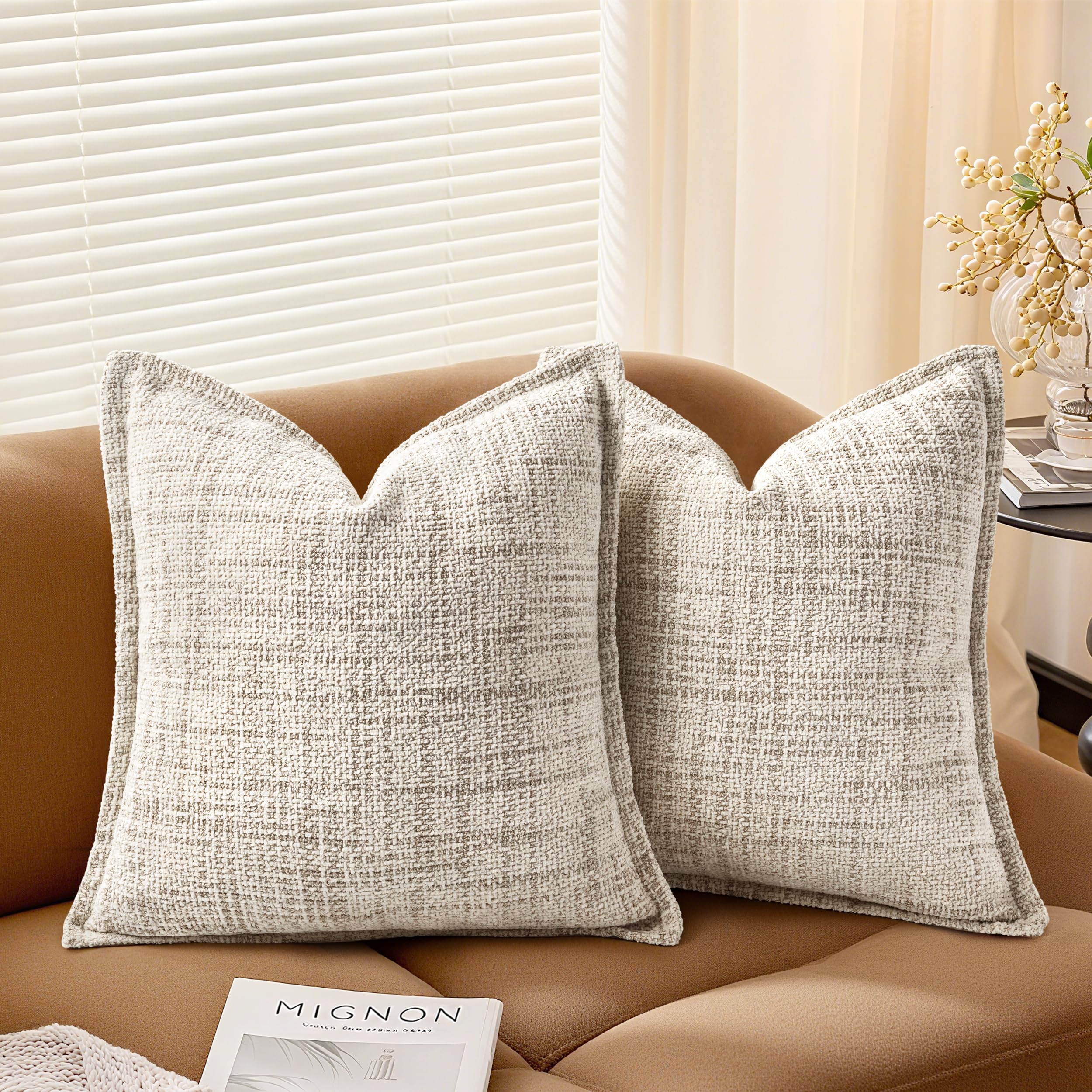 Housse de coussin chenille beige lot de 2 style rustique bohème pour décoration canapé salon