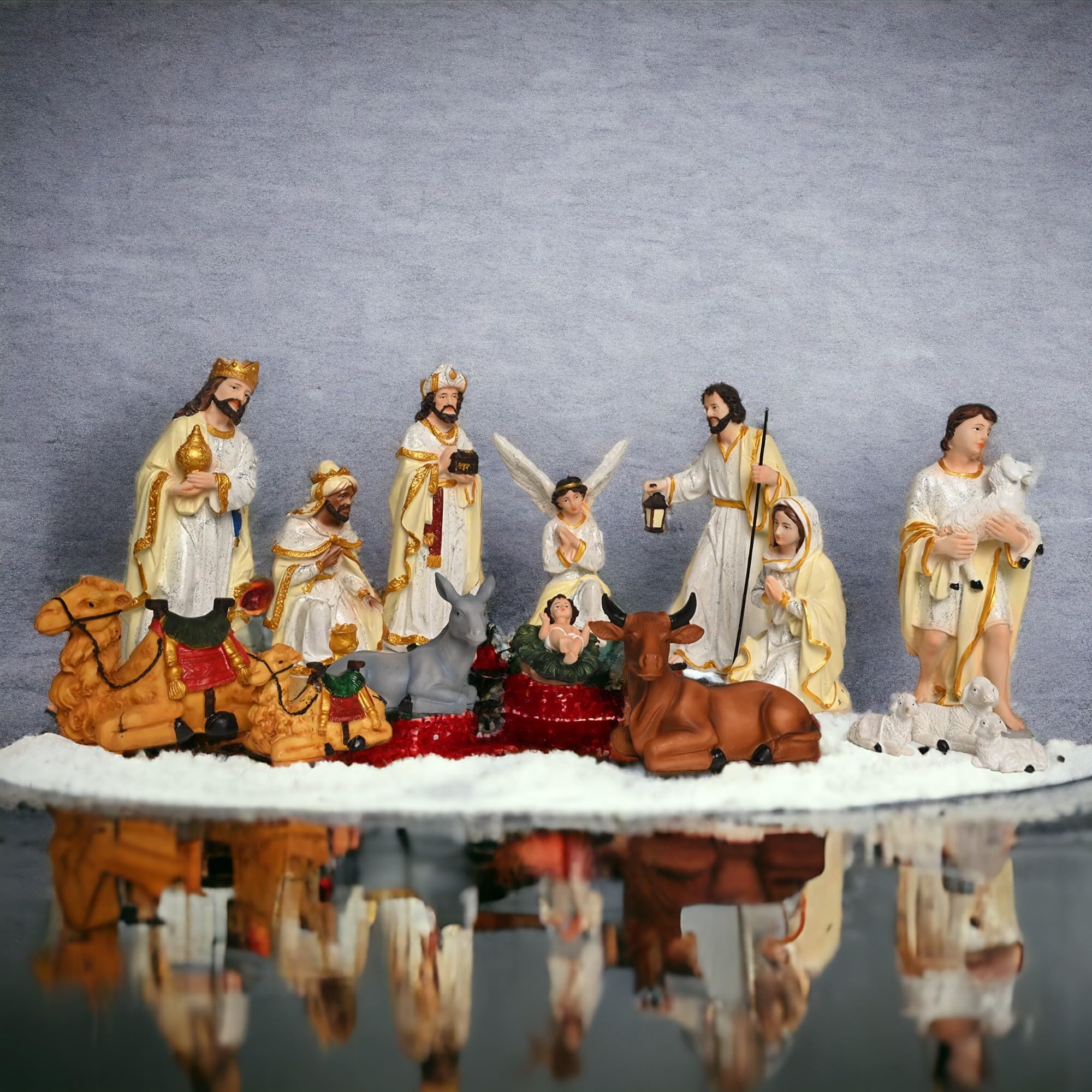 Crib Set | Nativity Set Baby Jesus Statue Mother Mary Idol and Joseph Statue Crib Set Perfect for Christmas Decoration Kudil Set of 15 Pic Ivory and White Color 6 Inch