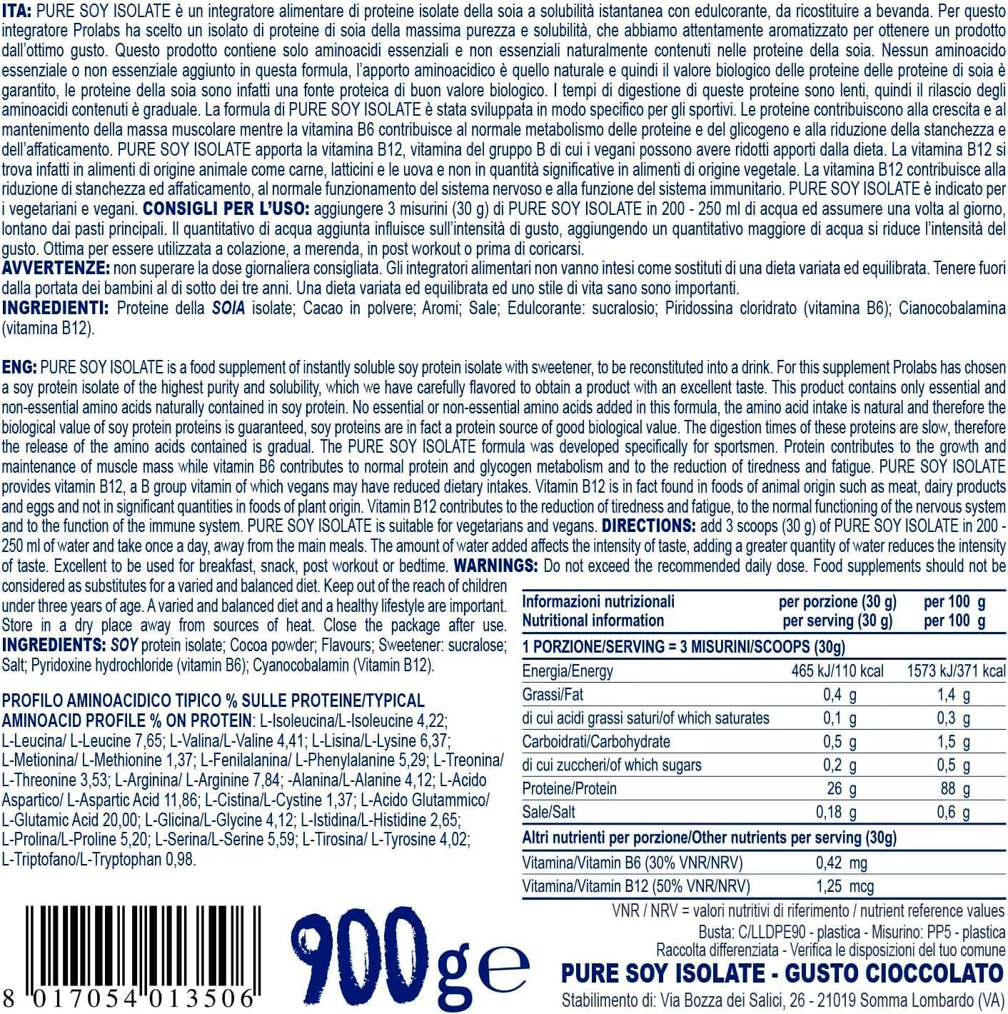 Prolàbs Pure Soy Isolate - 900 grammi - 100% Proteine soia isolate - Vegano - No OGM - gusto cioccolato