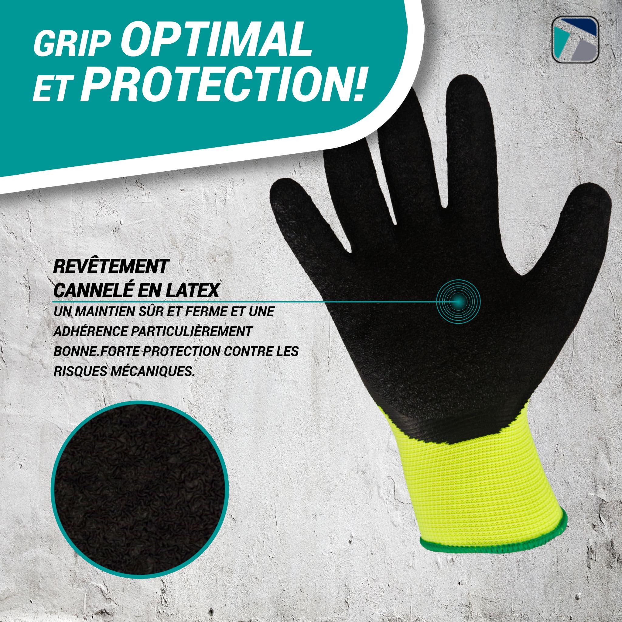 Trevendo 60 paires de gants de travail - gants de montage jaune fluo avec revêtement latex (Taille 8)