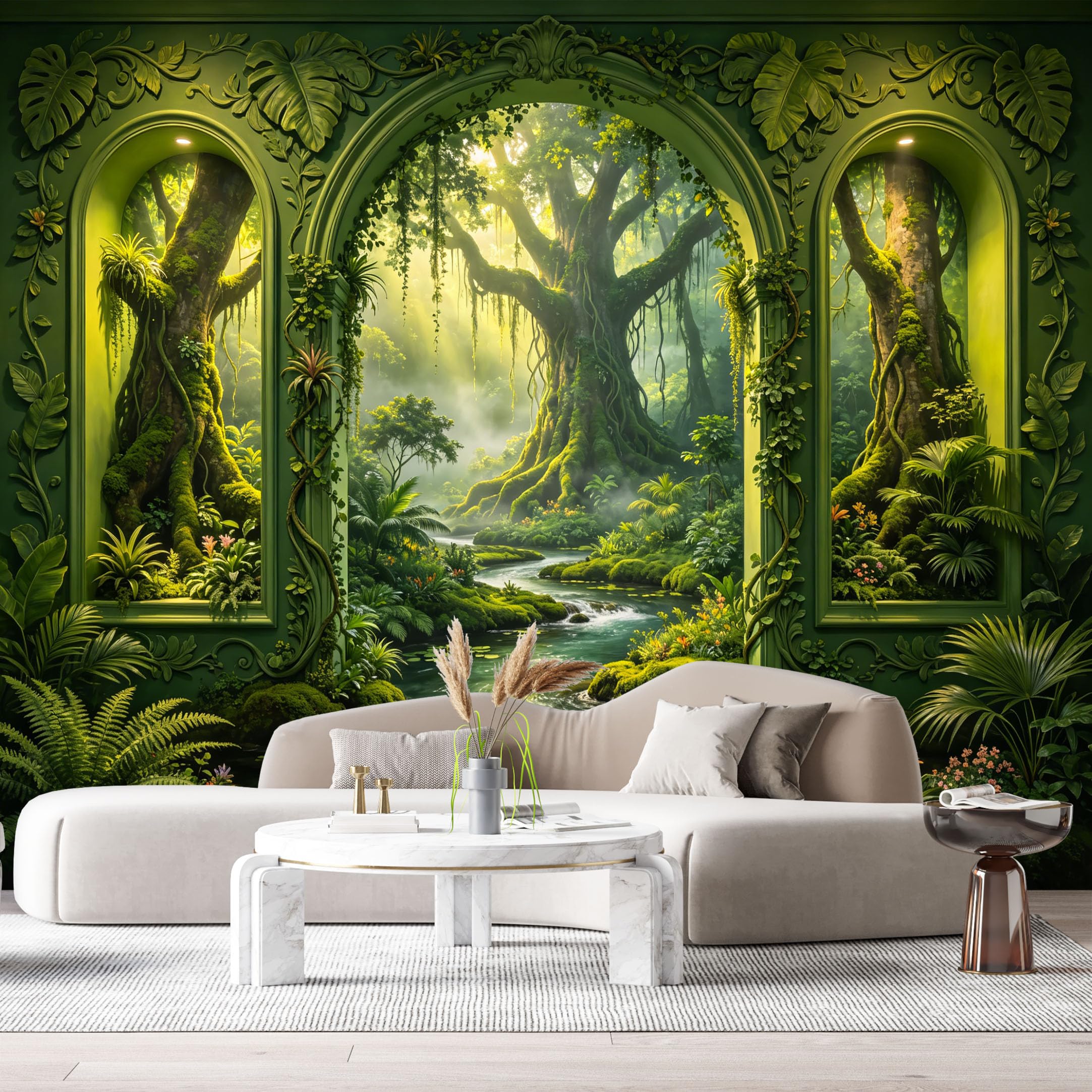 Custom Size Wall Murals Jungle Tropical Forest Oil Painting 3D Trompe L'Oeil SelfAdhesiveWall Fabric Removable Wallpaper Wall Decor for Living Room Bedroom Bathroom