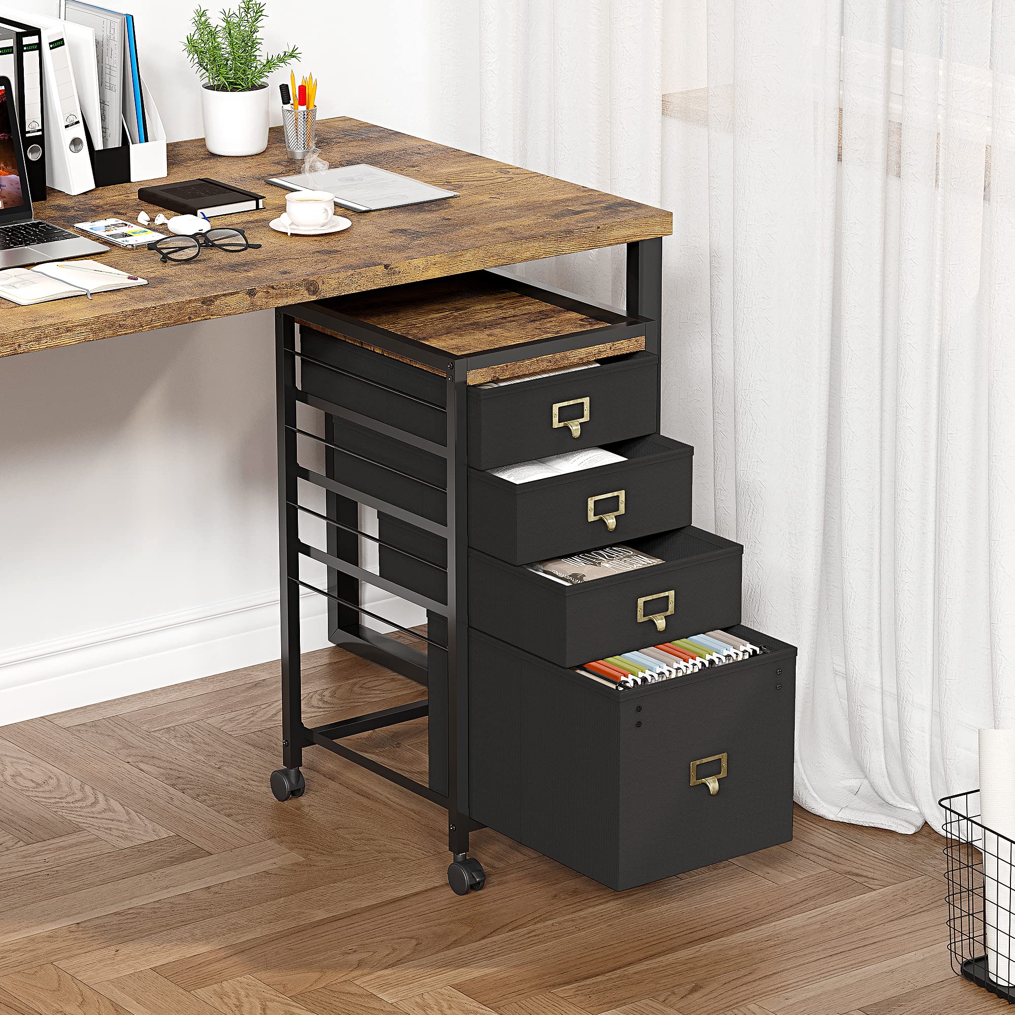 Garvee Cajonera Escritorio y Cajonera Oficina, Diseño contenedor con ruedas con 4 cajones Compacto y Funcional, para Oficina en Casa, Color Negro,30×38×67 cm