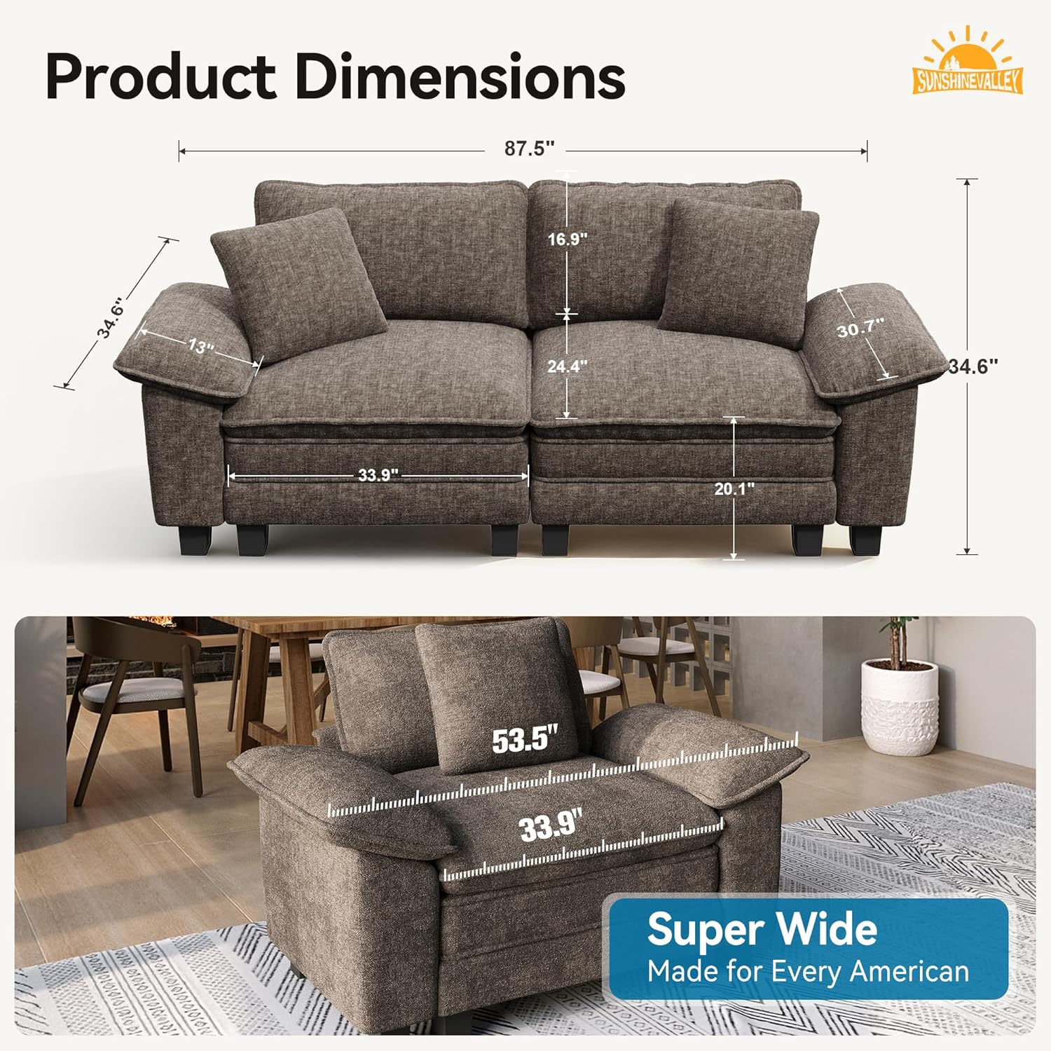 SUNSHINE VALLEY Modular Loveseat Cloud Sofa, 87.5'' Oversized Chenille Sectional Couch with Wider Armrest and Pillow, 2 Seat Upholstered Modern Love Seat for Living Room Bedroom, Taupe Gray