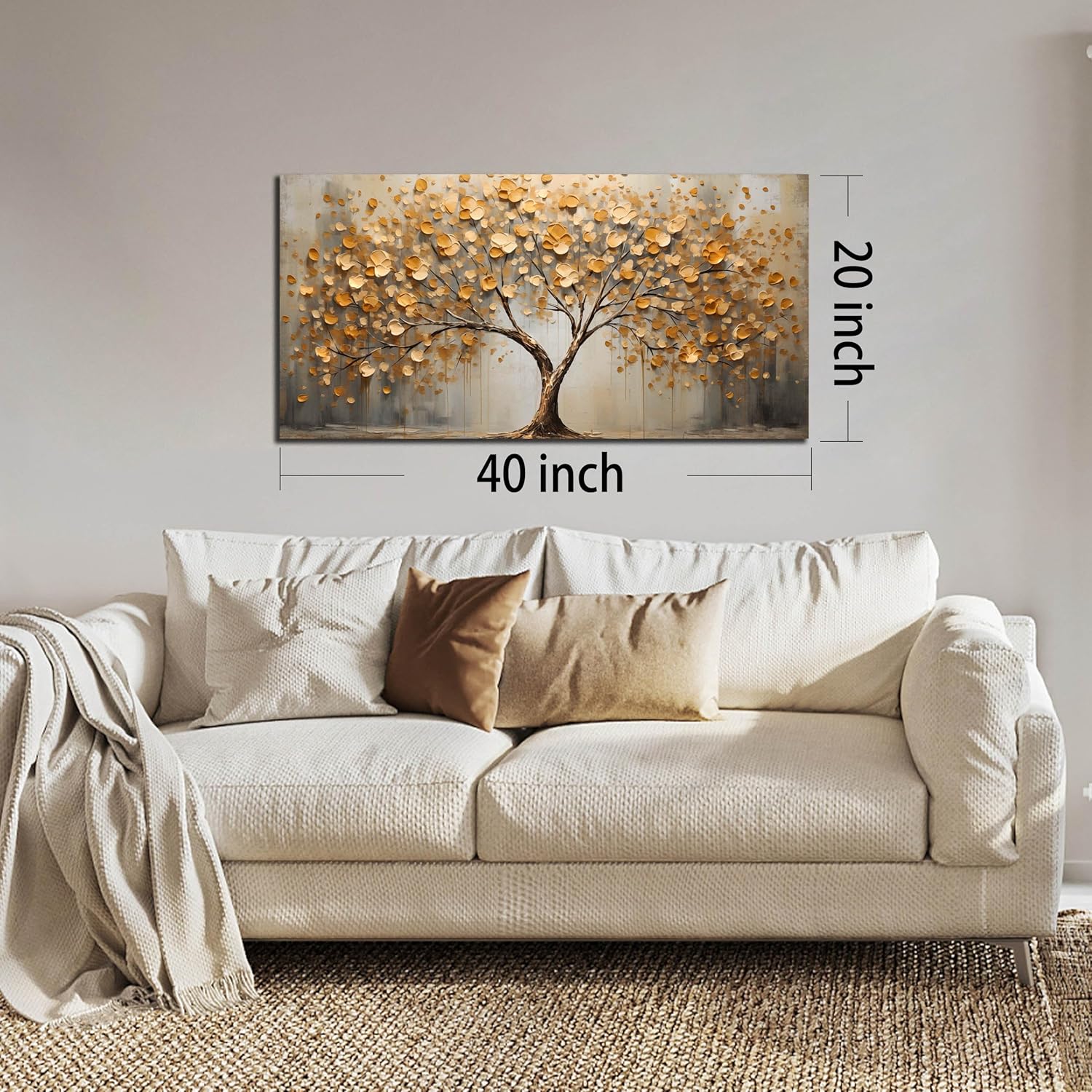 Tree Art Pictures for Wall in Living Room - Gold Yellow Canvas Wall Art for Bedroom - Abstract Art Wall Decor for Office Size 20" x 40"