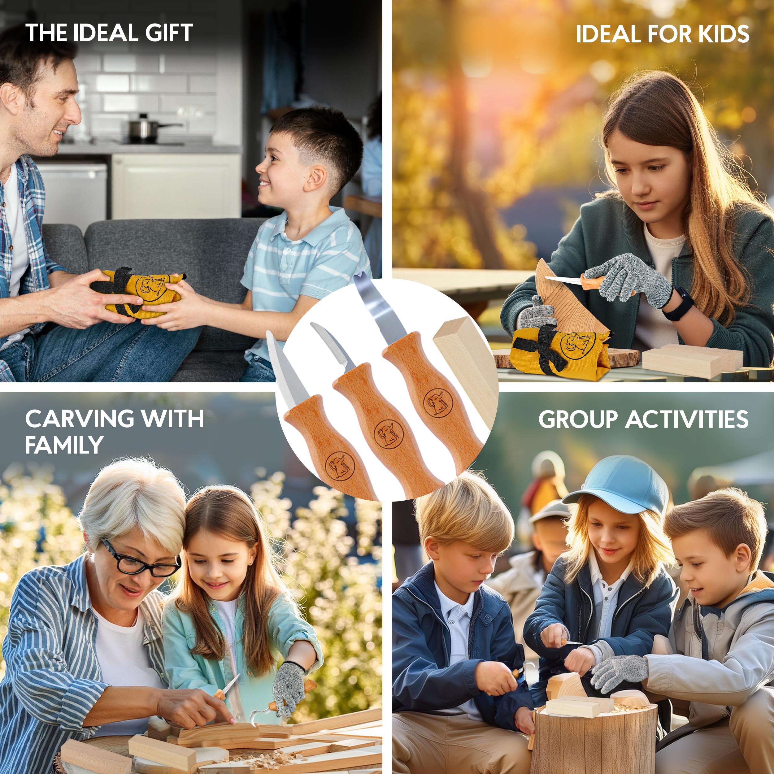 Eli®Set di coltelli da intaglio per bambini a partire da 6 anni, set di coltelli da intaglio per bambini di alta qualità da 8 pezzi, inclusi guanti, utensili da intaglio, legno di tiglio