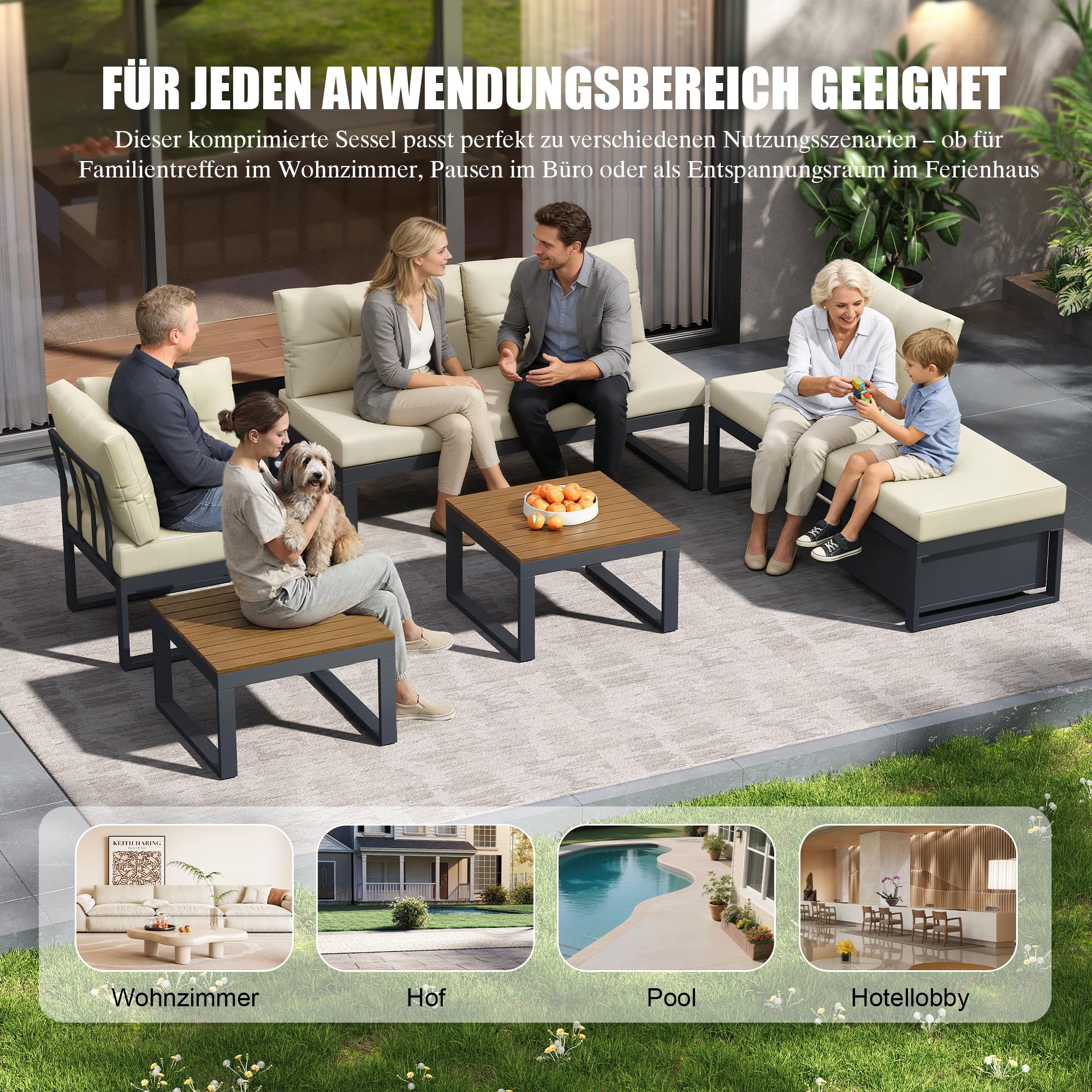 Sapgaks Salon de Jardin pour 6 Personnes,Ensemble de canapés de extérieur avec Dossier réglable sur 3 Niveaux,Canapé d'angle de Jardin avec Table,Espace de Rangement et Fonction d'inclinaison,Beige