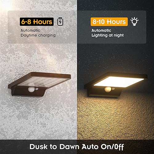 Miniatura 9 de Paquete de 2 lámparas solares de pared para exteriores, impermeable, modelo 2025, batería de 2000 mAh, 350 lúmenes, 3 modos, blanco cálido de 3000