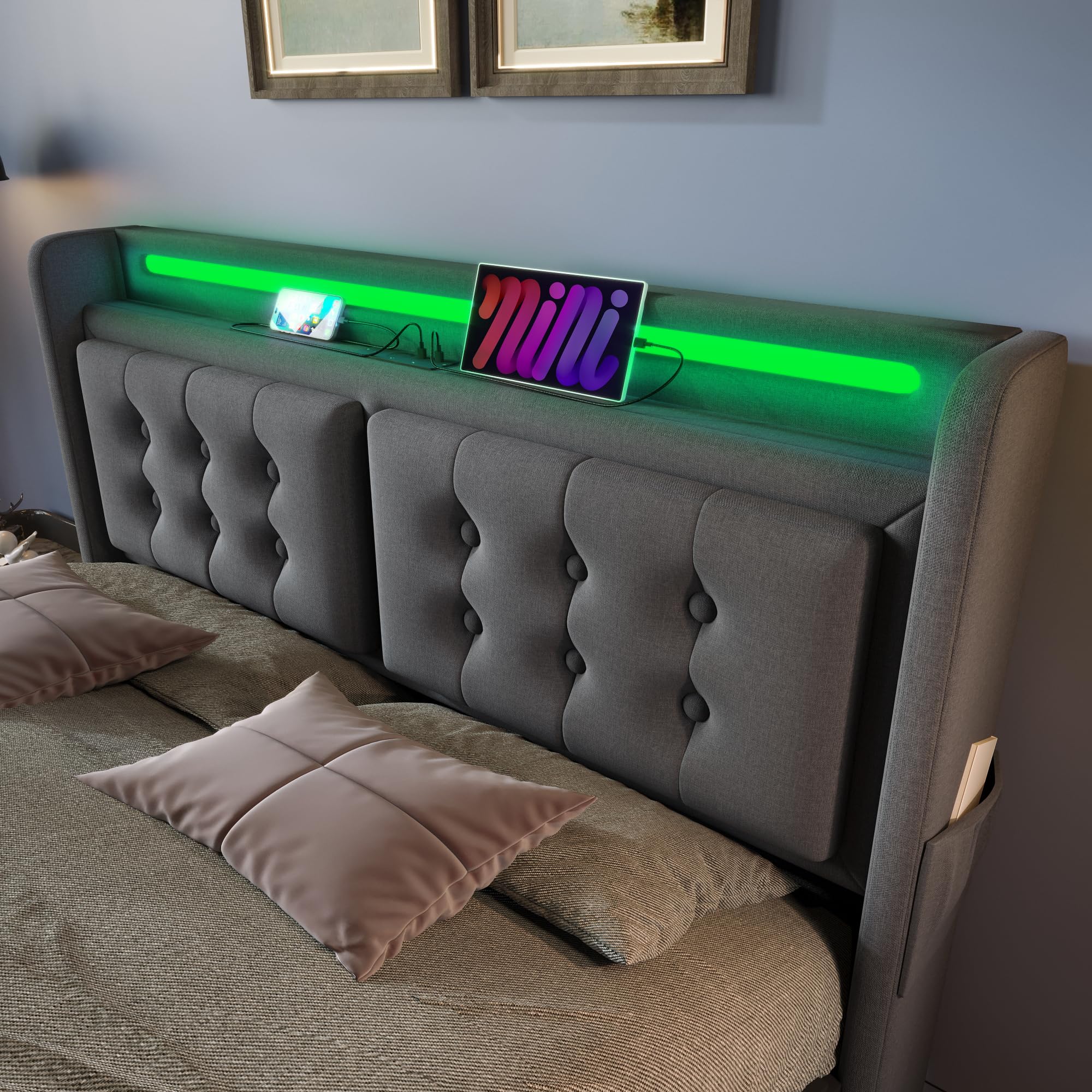 Letto imbottito 140 x 200, letto matrimoniale con testiera a LED e funzione di ricarica USB C, letto idraulico con rete a doghe in legno e struttura in metallo, portata 300 kg, colore grigio, cotone