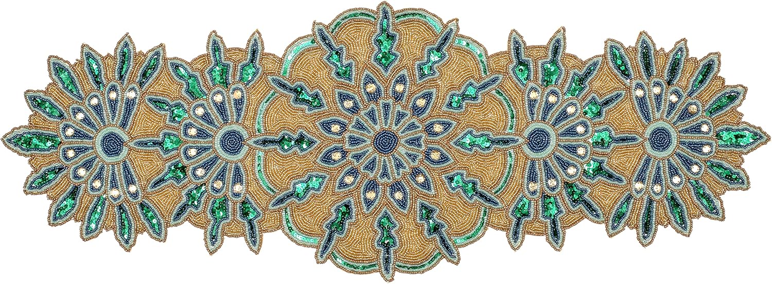 Green Gold Beaded Table Runner 36 Inches Long - Beautiful Fancy Elegant Decorative Handmade Glitz Table Runner for Dining Table Décor, Easter, Farmhouse, Living Room, New Year, Christmas - 13x36 Inch