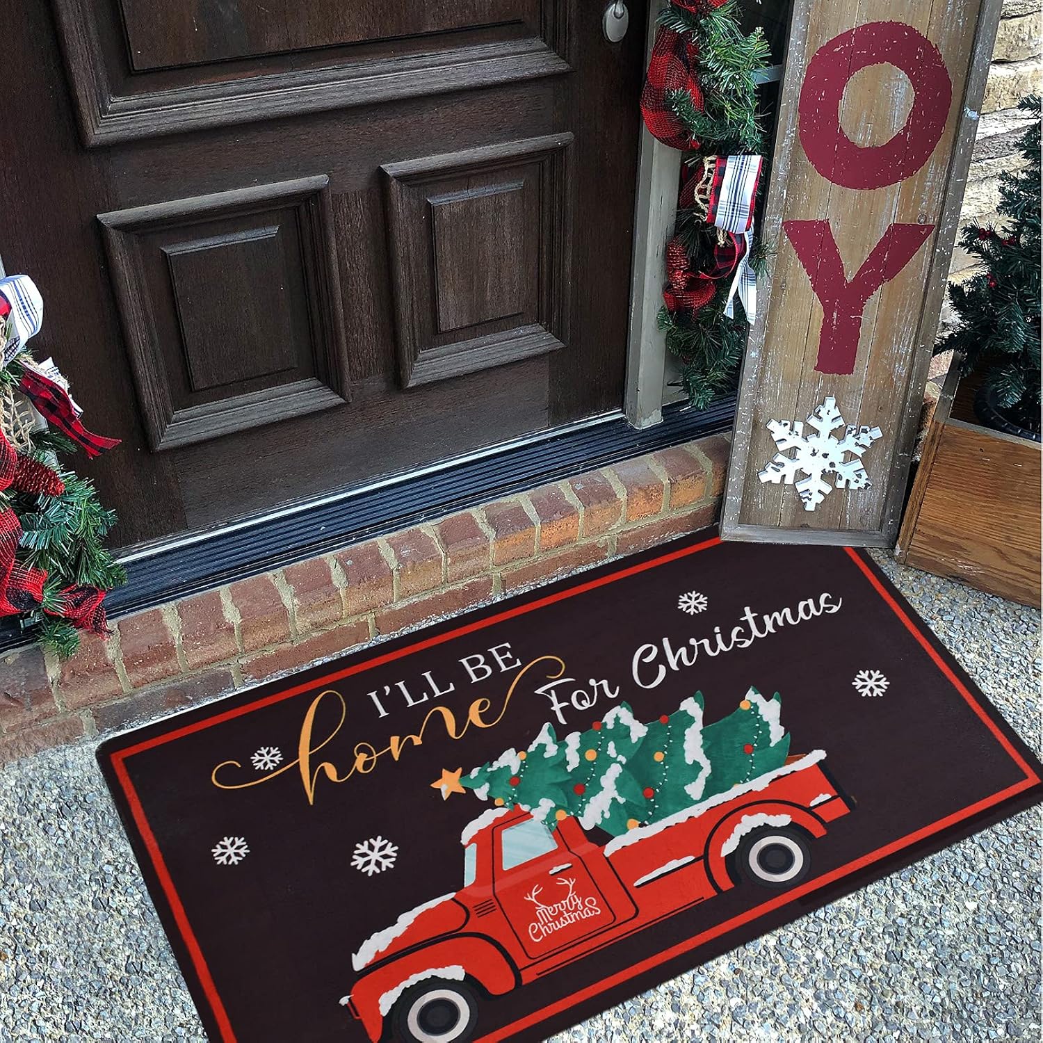 Merry Christmas Welcome Mats Decorative Doormats with Xmas Tree Non-Slip Winter Front Door Mat Indoor Outdoor Holiday Decor Floor Rug for Home Entryway Kitchen (Pickup Truck)
