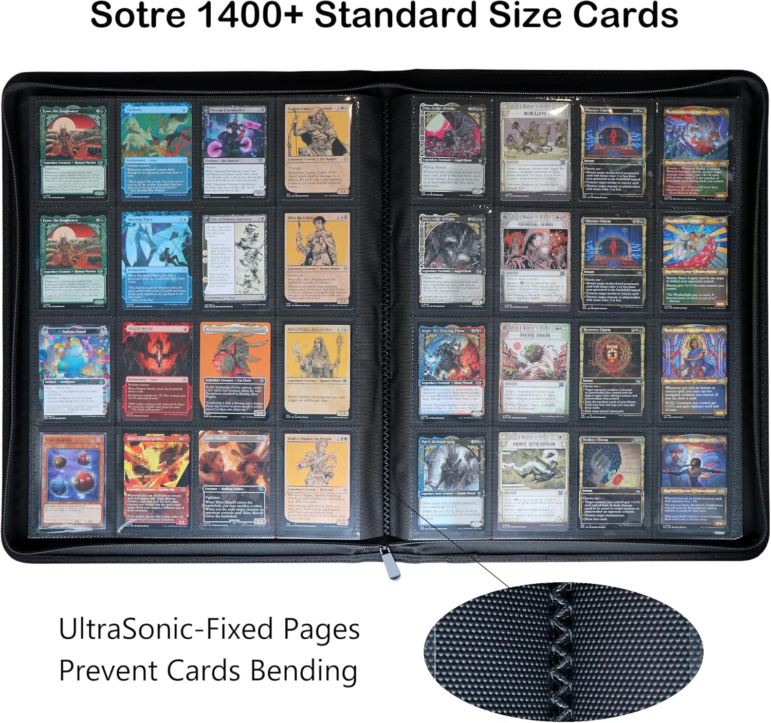 Rayvol Premium 16-Pocket Card Binder - Fits 1408 Trading Cards, Side Loading Ringless Card Collection Album for TCG 1404 Black