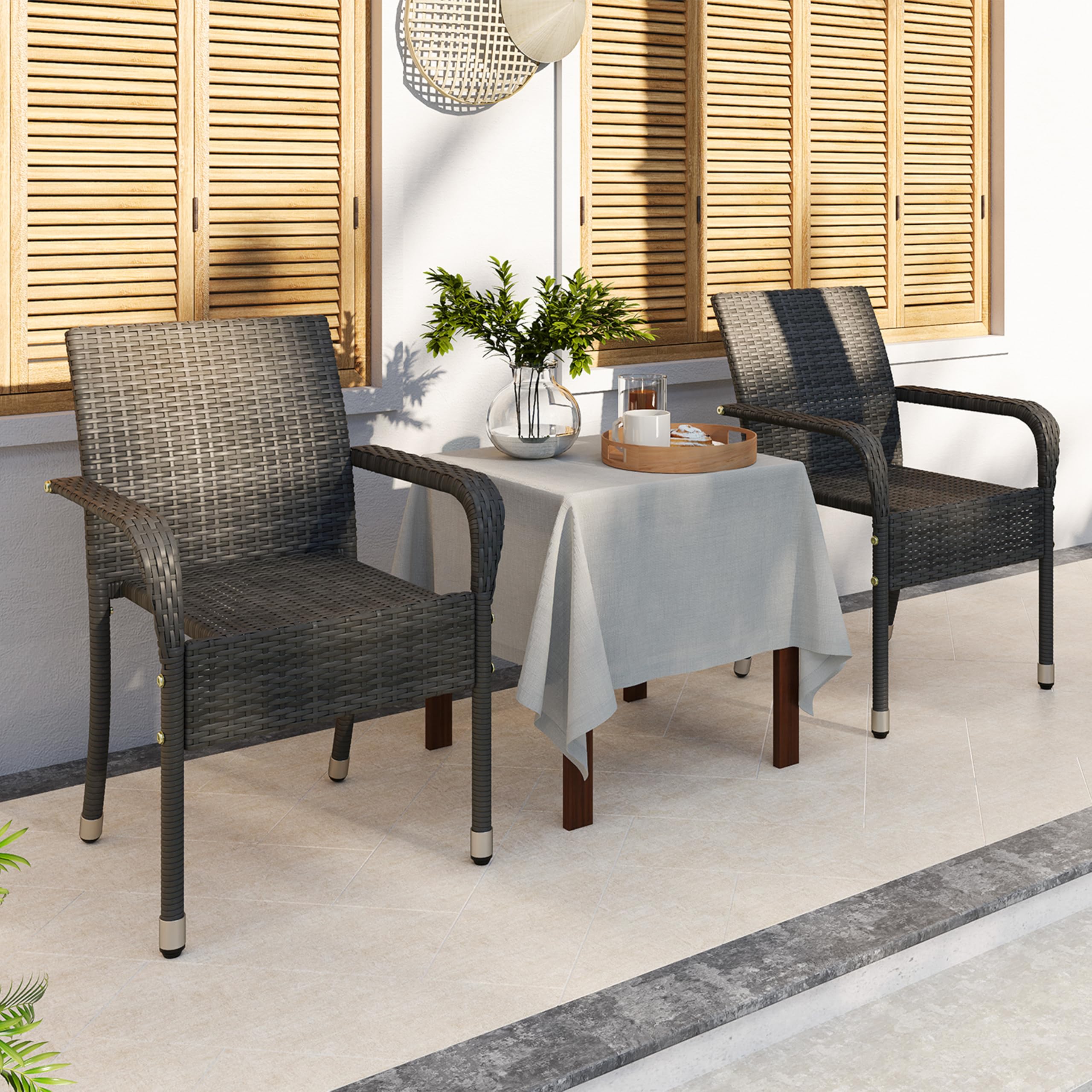 Abician Lot de 6 Chaises de Jardin en Rotin Synthétique Fauteuils Empilables d'Extérieur avec Accoudoirs Cadre en Métal Terrasse Véranda Balcon Salon Salle à Manger Gris