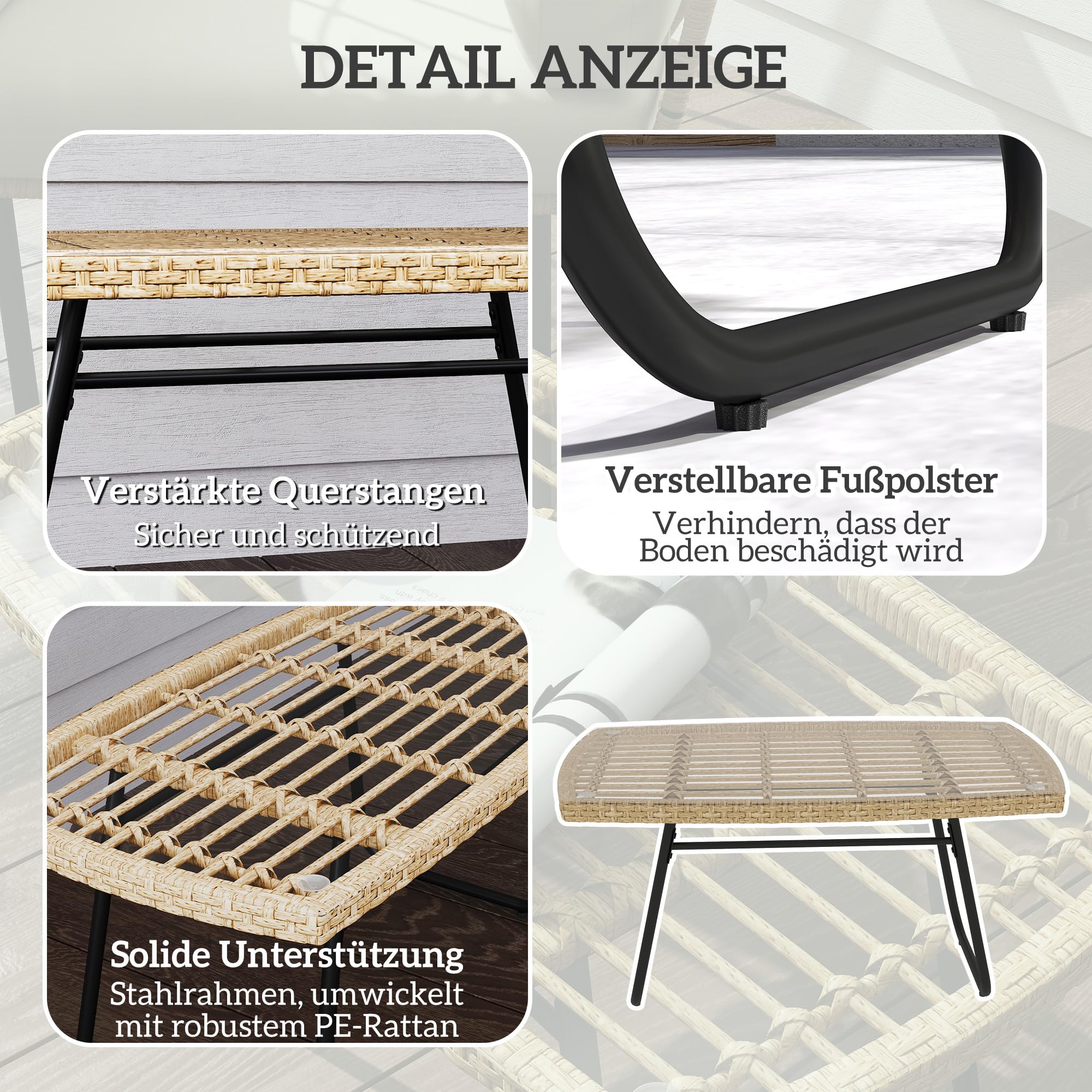 Outsunny Polyrattan Gartentisch 90 x 50 x 45 cm UV-beständig Naturholz | Beistelltisch mit Glasplatte, Rechteckiger Terrassentisch, Balkontisch für Garten, Terrasse, Balkon