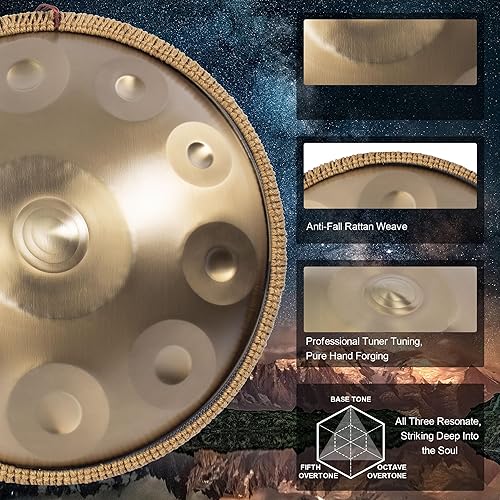 Vista 14 de Tambor de mano para principiantes, 22 pulgadas D menor Kurd 9 Notas - Juego de tambor de mano 440Hz, cacerola de mano, instrumento de mano (negro)