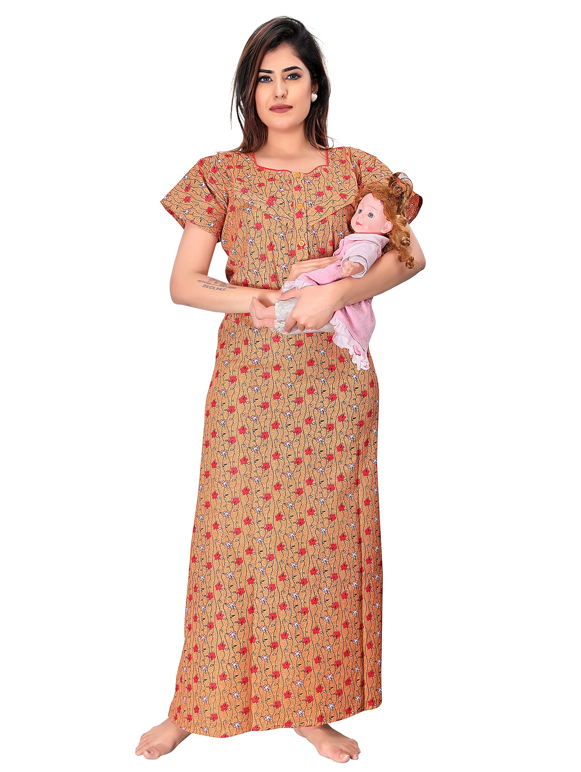 cotton feeding nighty combo in mix cotton with two side zips for baby feeding purpose and neck buttons for comfortable wearing . a mix cotton feeding nighty with zip , maternity nighty for women cotton feeding nighty (maternity nighty) combo pack