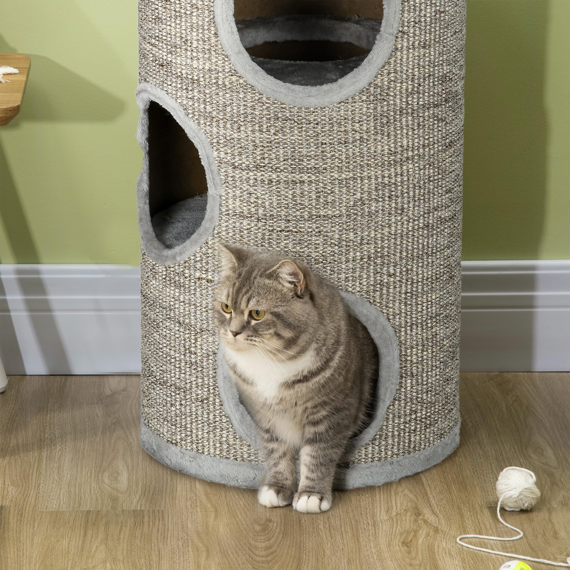 PawHut Barril Rascador para Gatos de 3 Niveles Torre Rascador para Gatos con 3 Entradas y Cubierta de Sisal Ø38x70 cm Gris Claro