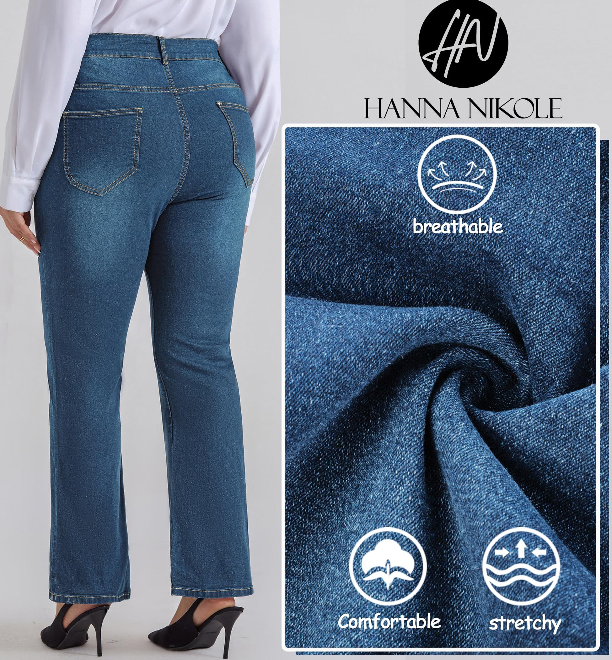 Hanna Nikole Damen Große Größe Bootcut Jeans Hoher Taille Bell Bottom Dehnbare Bootcut Jeans Stretch