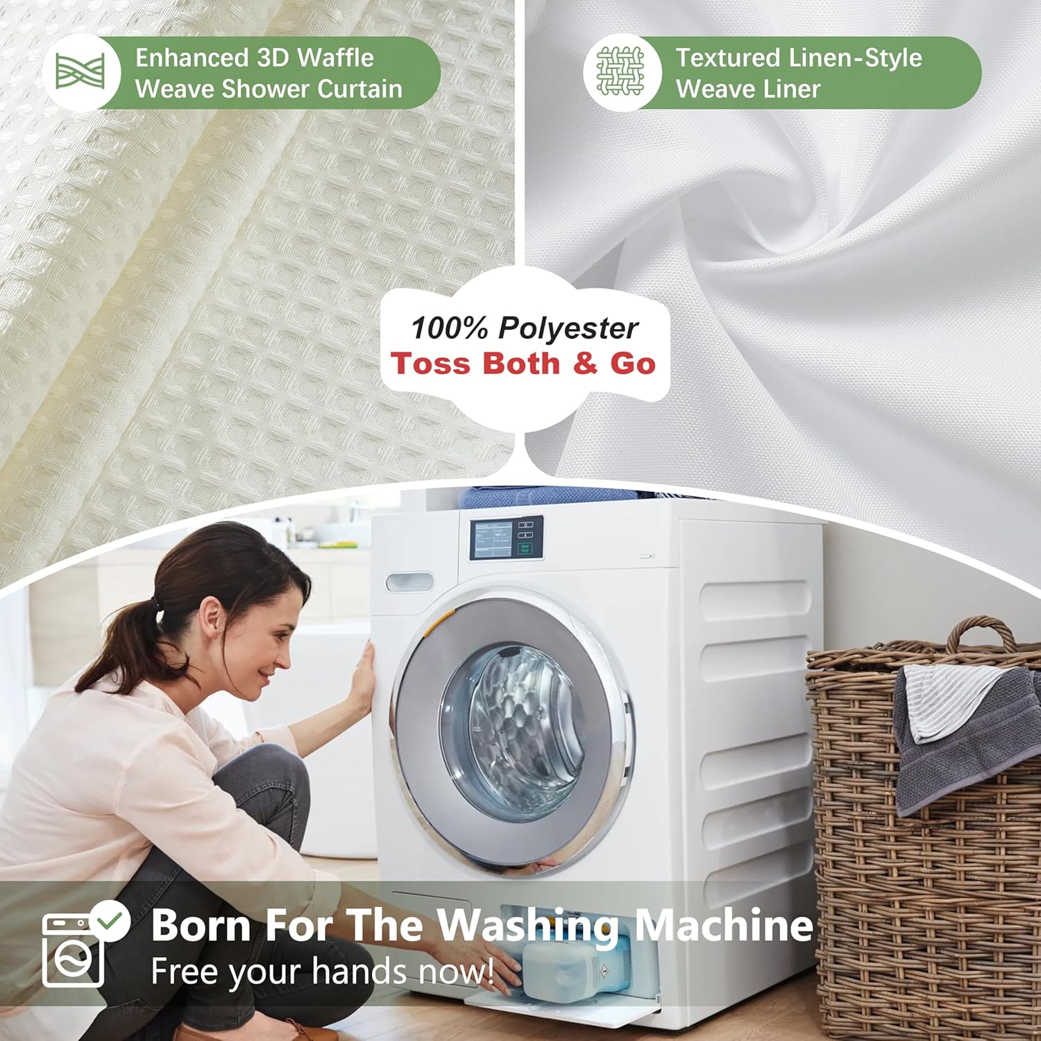 VANZAVANZU Luxury 3 in 1 Shower Curtain Set 3D Textured Waffle Weave Bathroom Curtain with Waterproof SGS Certified Fabric Liner & 12 Anti-Fall Stainless Steel Hooks, Machine Washable 72"x78" (Cream)