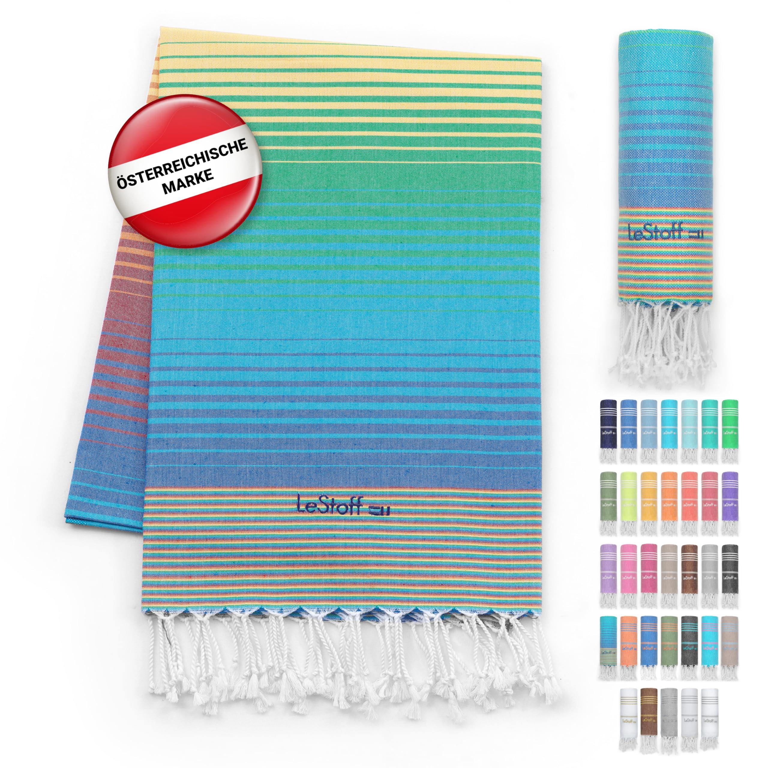 LeStoff Hamamtuch - 100% Bio-Baumwolle, 95 x 180 cm, Vorgewaschen, Saugstark, Schnelltrocknend, Leicht, Kompakt, Sandfrei, Strandtuch, Reisehandtuch, Badetuch, Handtuch groß, Liegetuch (Rainbow)