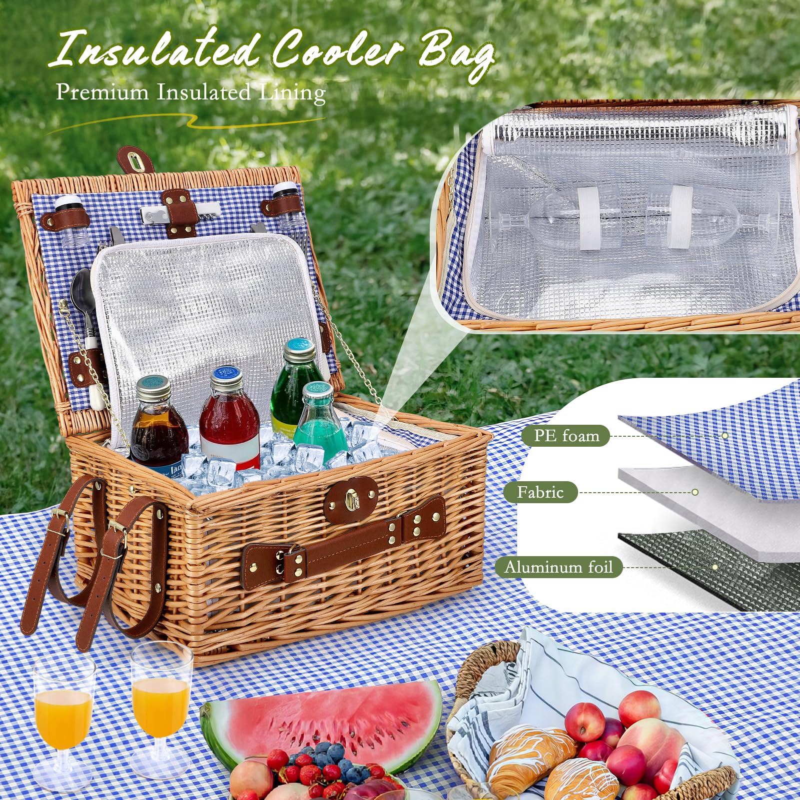 Cestino da Picnic in Vimini per 4 Persone, Cesto Picnic Vintage, con Scomparto Termico, Coperta Impermeabile, Posate, per Campeggio, Festa all'Aperto, Spiaggia, Blu