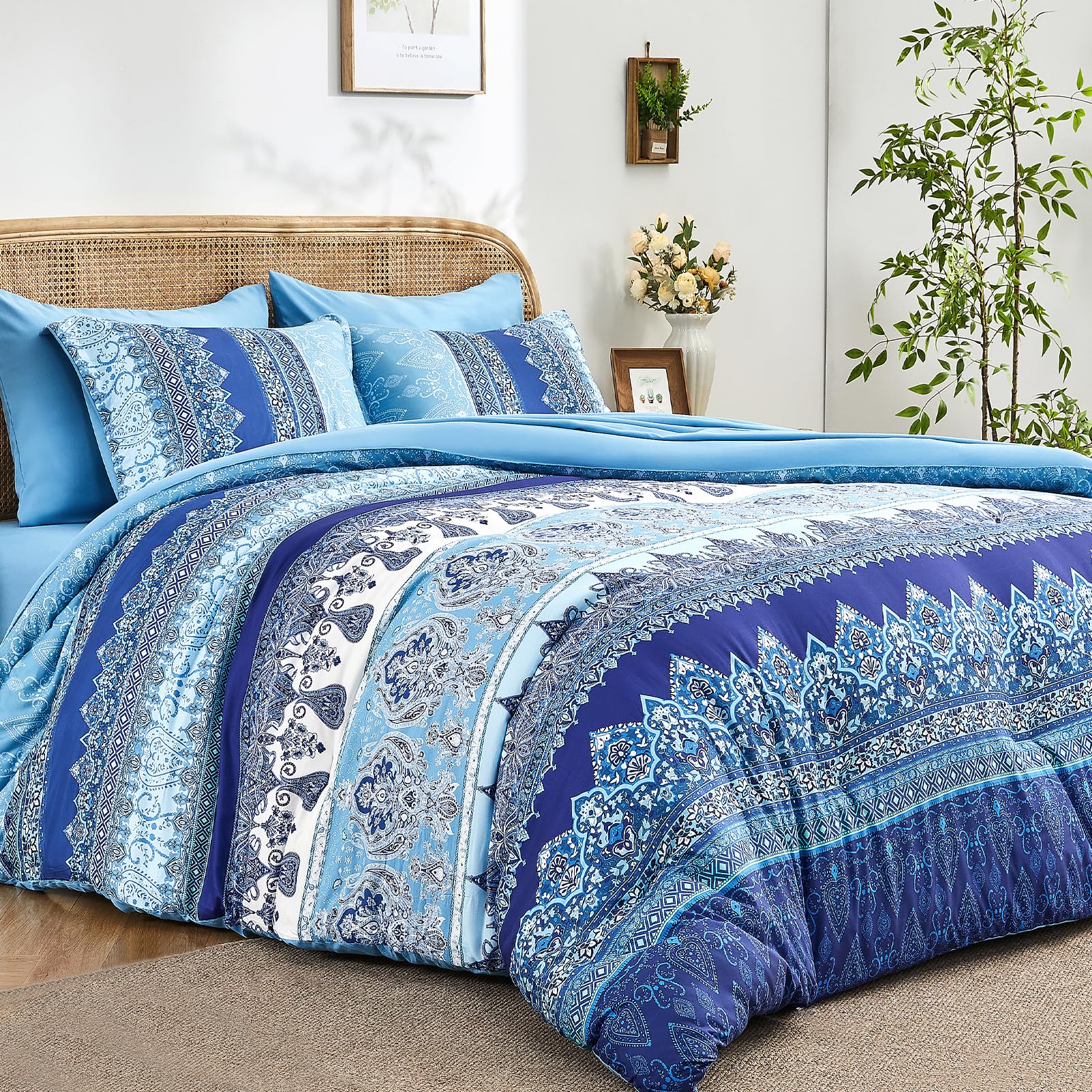 Boho Queen Comforter Set Blue 7 Pieces Floral Striped Comforter Set
