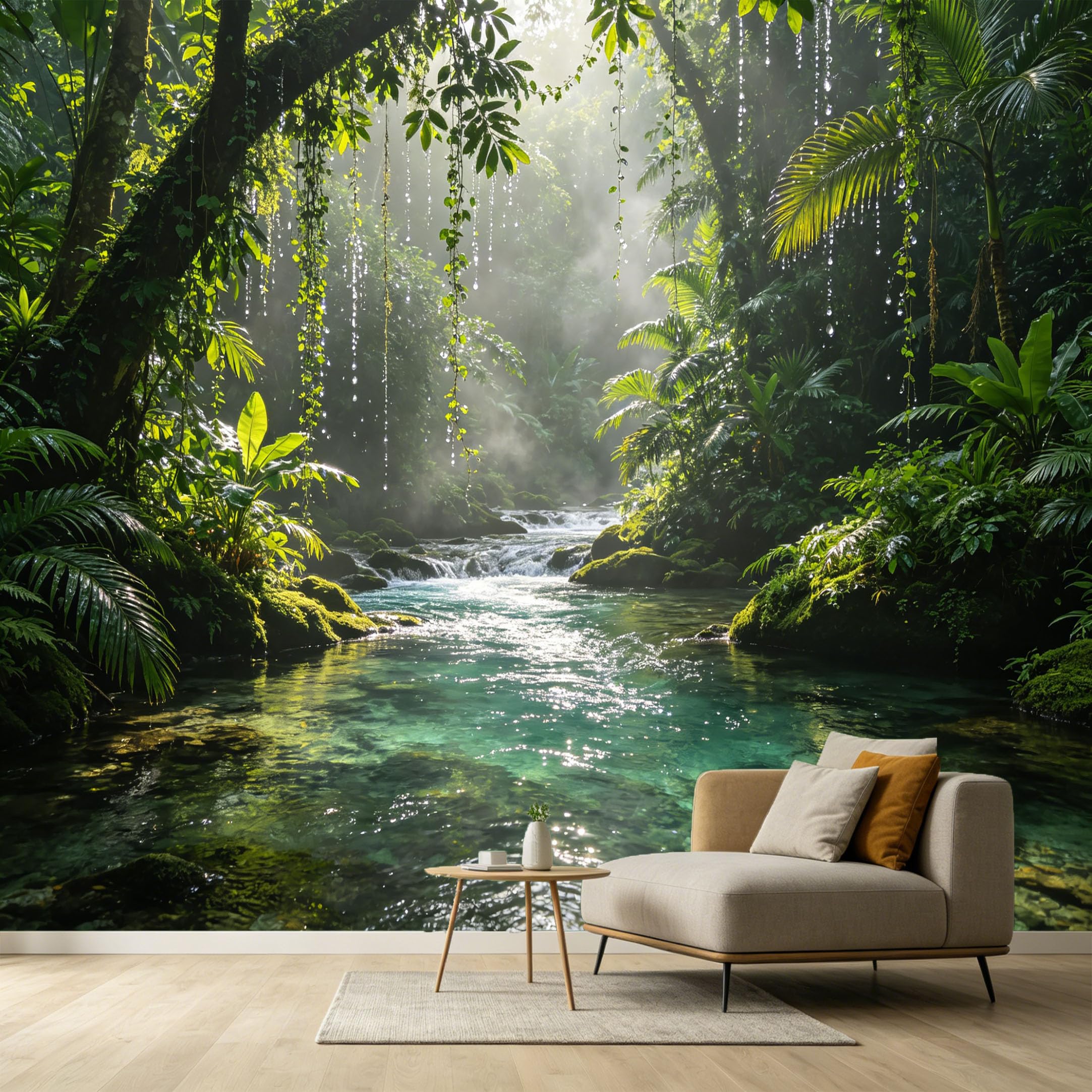 Custom Size Wall Murals Tropical Jungle River Landscape 3D Sunlight Palm Leaf SelfAdhesive Wall Fabric Removable Large Wallpaper for Photo Living Room