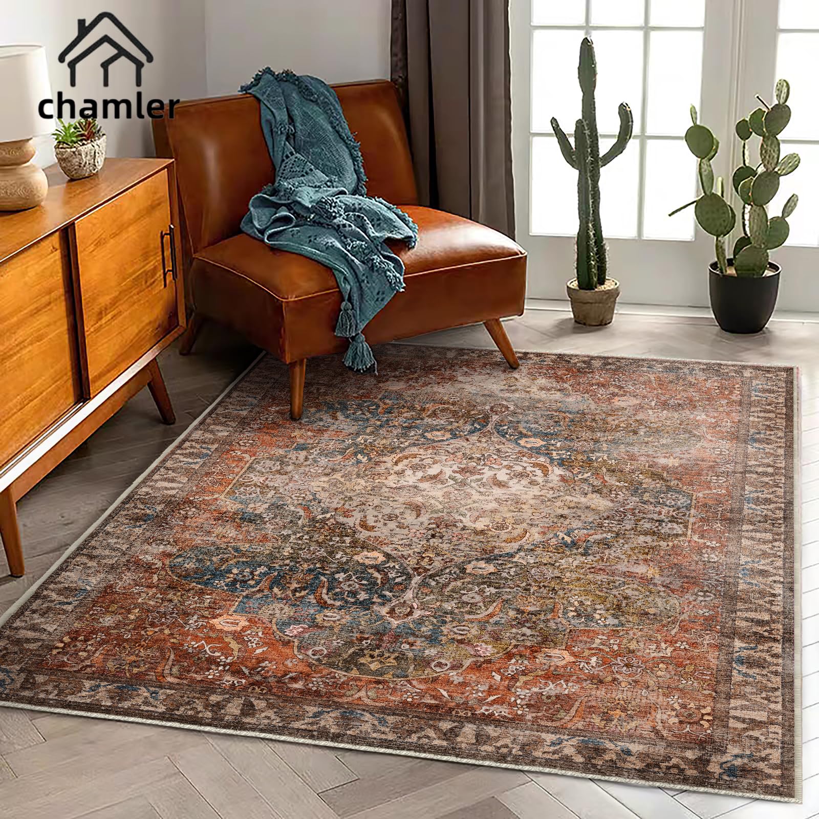 chamler 3x5 Area Rug Vintage Washable Thin Tangerine Traditional Floor Cover Foldable Indoor Distressed Non Slip Carpet Floral Print Mat Rugs for