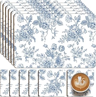 LemonRoad 6 Sets Blue and White Floral Cork Placemats 16x12 Inches Heat Cork Backed