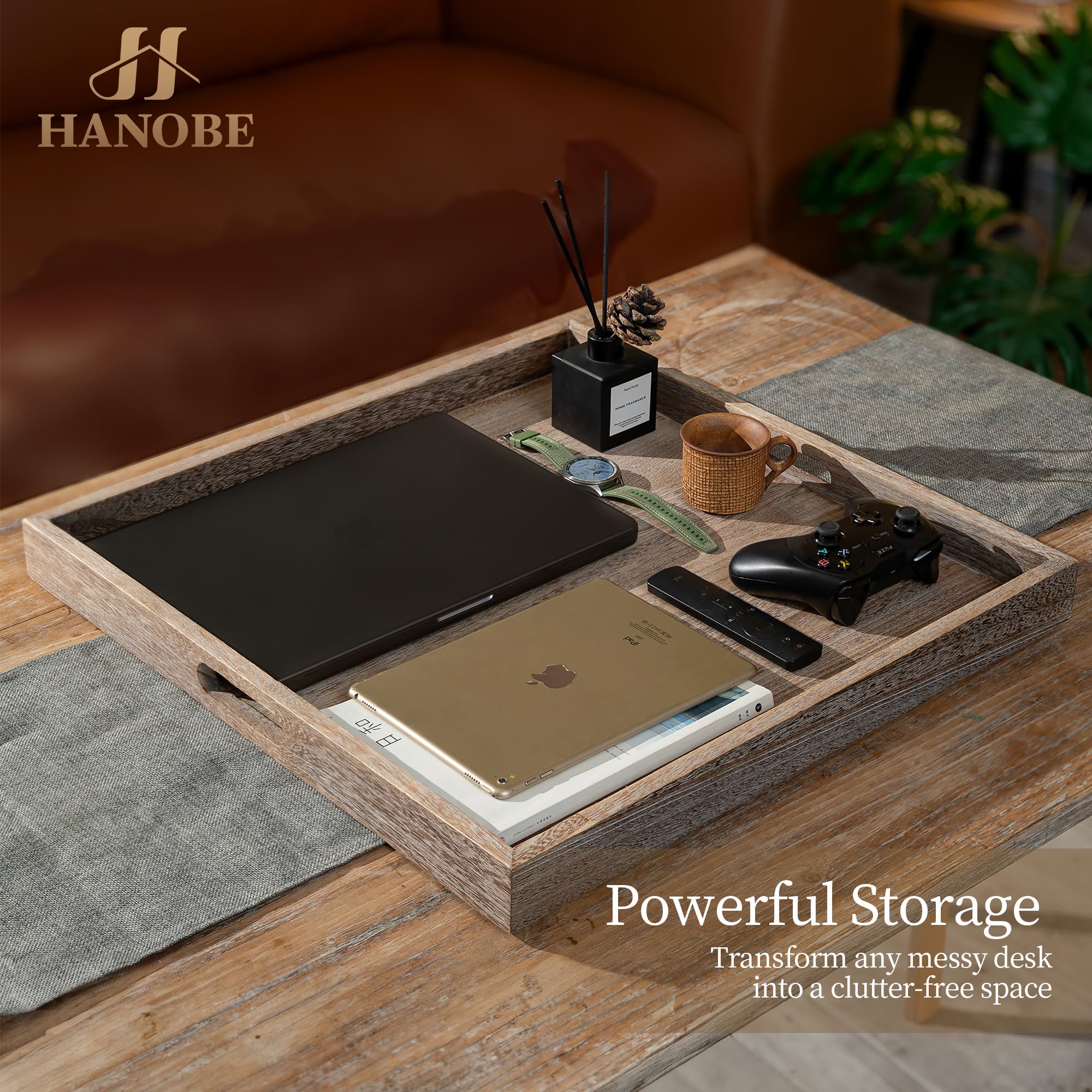 Hanobe Bandeja de servir otomana grande: bandejas decorativas de madera para sala de estar sobre reposapiés, cuadrada rústica marrón extra XXL, bandeja de madera para decoración de mesa de café, 56 cm
