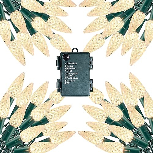 Dazzle Bright Luces de Navidad C6 a pilas, paquete de 4 unidades en total 200 LED de 68 pies de luces de Navidad blancas cálidas con 8 modos,