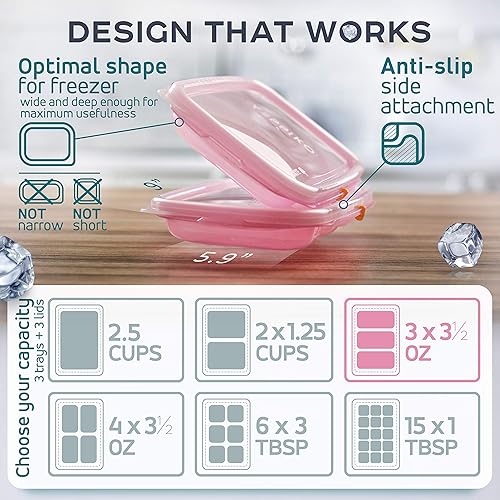 Miniatura 7 de Cubos de bandejas de alimentos para congelador, cubos de almacenamiento para congelar con tapas a prueba de fugas, 6 piezas (3 bandejas + 3 tapas),