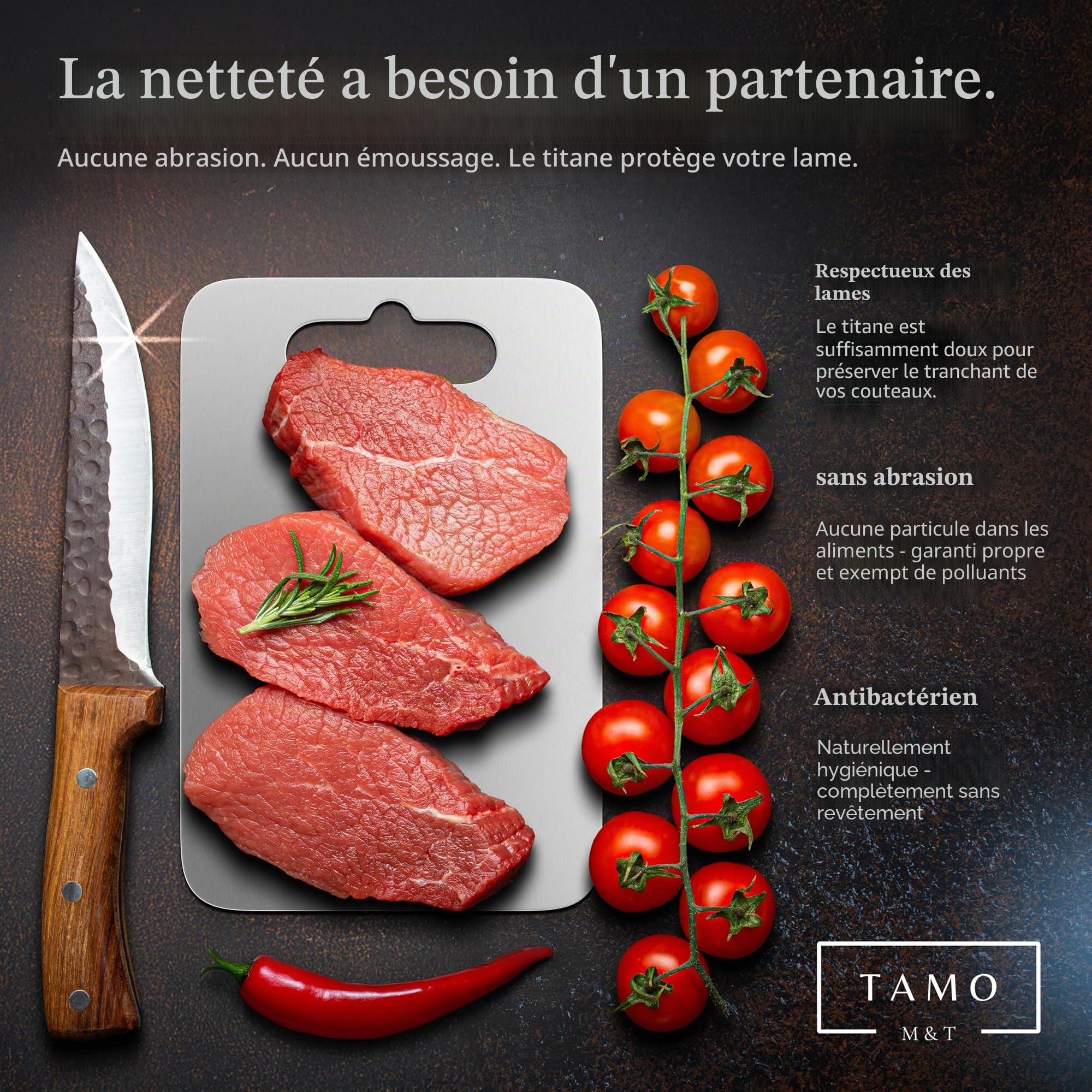 Planche à découper Tamo en titane 100% pur - Hygiénique, antibactérienne et durable - Idéale pour la viande, les fruits, les légumes, la cuisine, le camping et l'extérieur