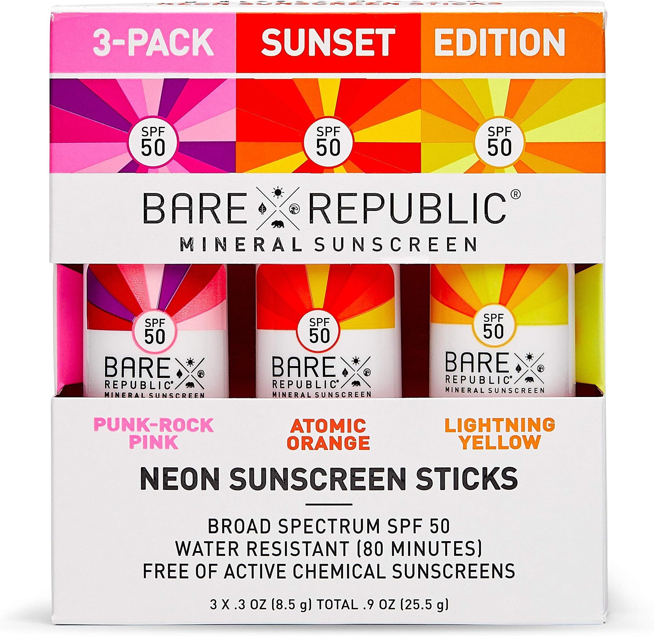 Bare Republic Mineral Sunscreen and Sunblock Neon Stick with Zinc Oxide, Broad Spectrum SPF 50, Sunset 3 Pack, 0.3 Oz Each